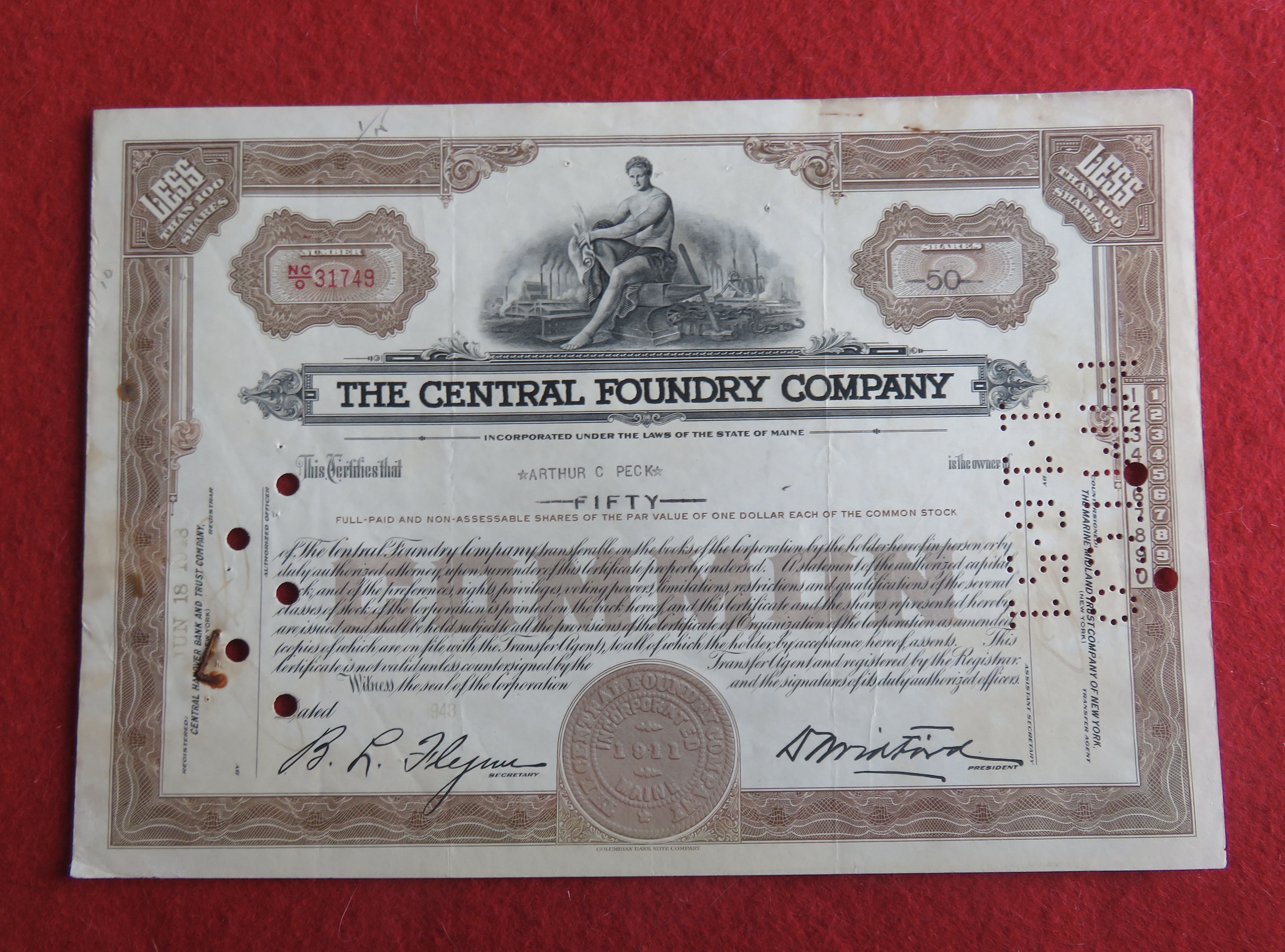 1948 The Central Foundry Company Stock Certificate