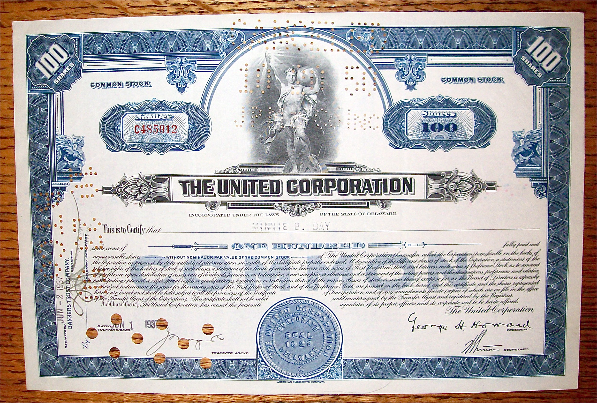 1937 United Corporation Stock Certificate