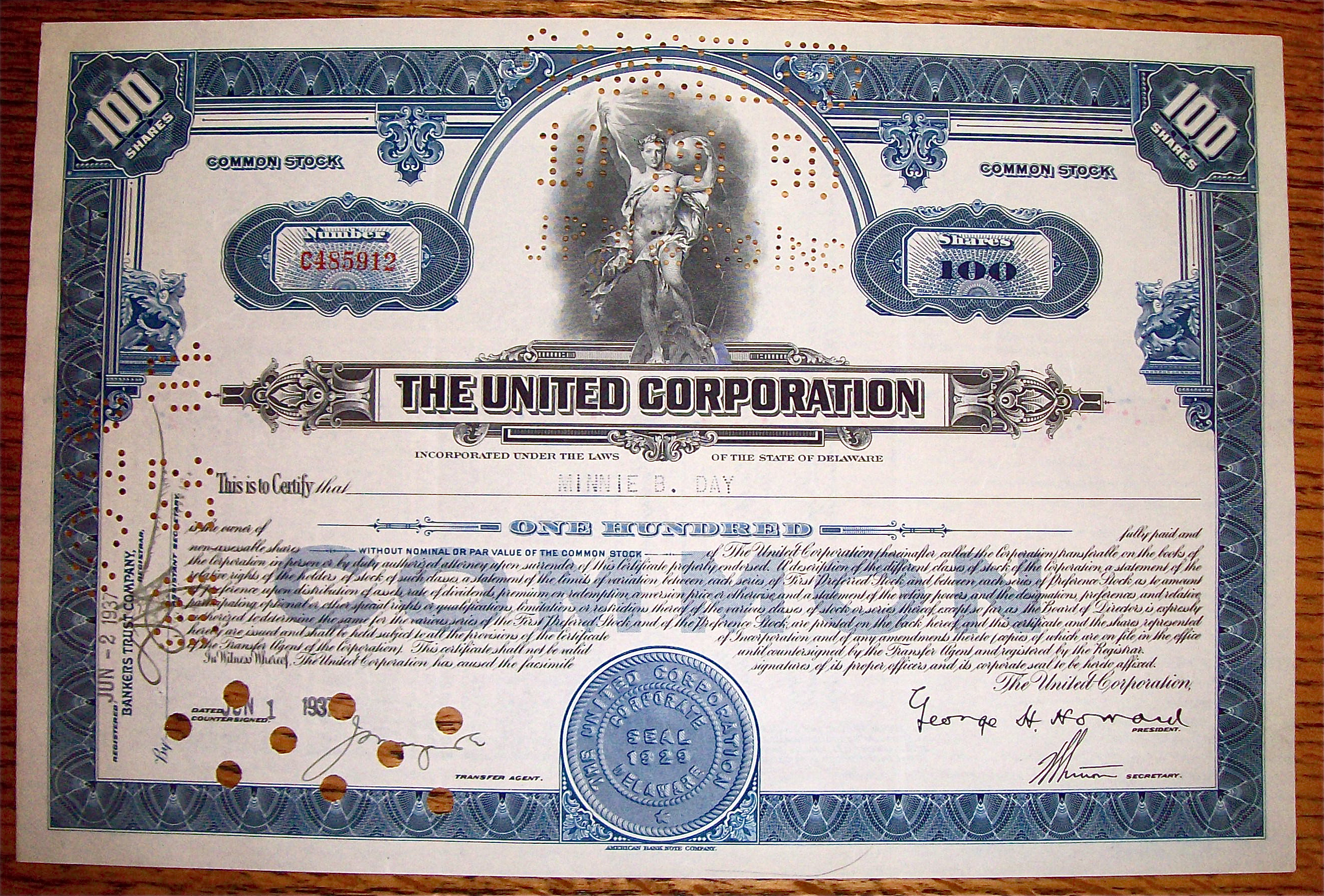 1937 United Corporation Stock Certificate