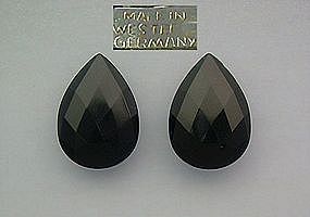 Black Glass faceted tear drop Clip Earrings Vintage