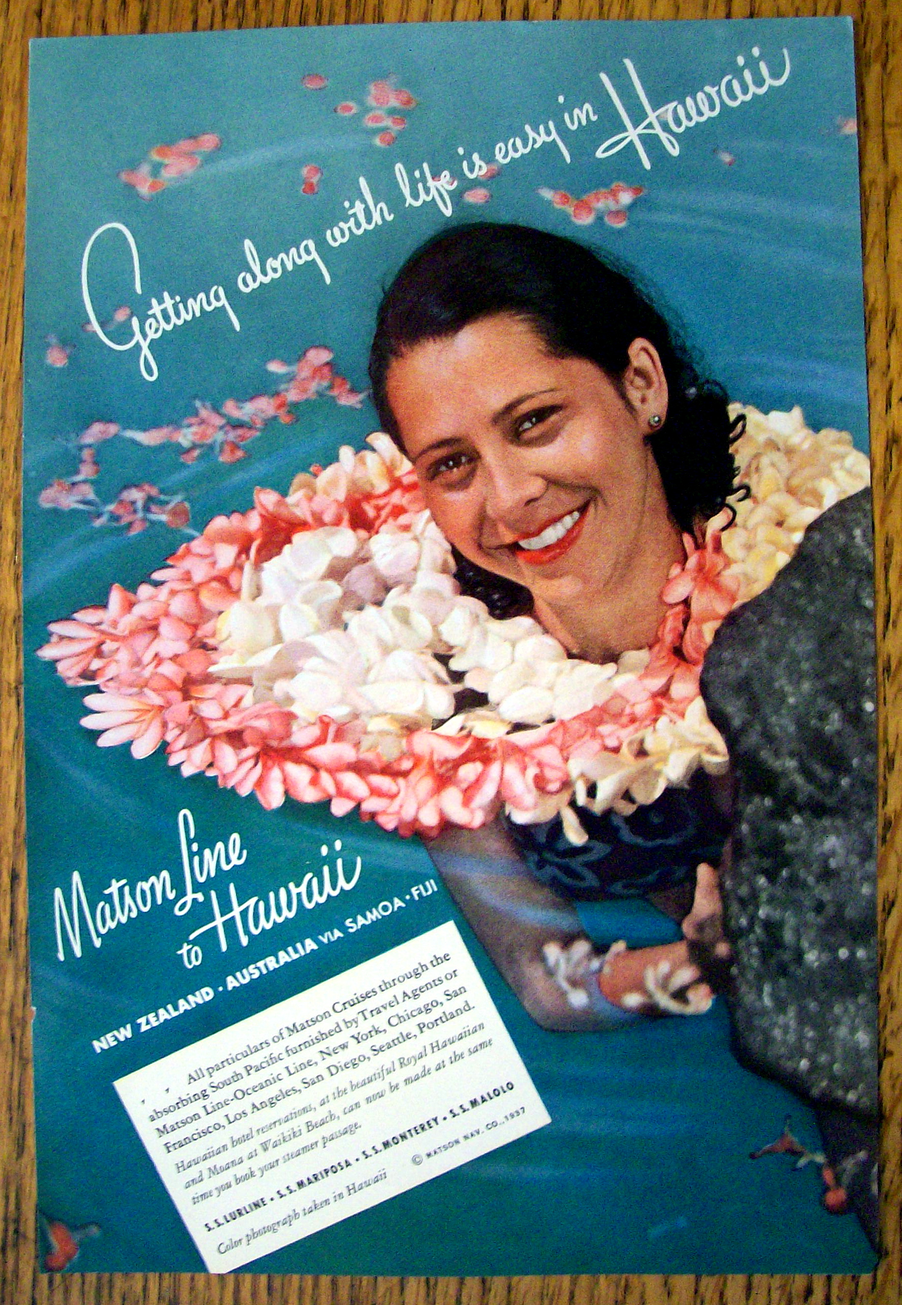 1937 Matson Line To Hawaii with Woman & Lei in Water