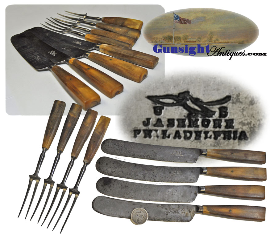 pre-Civil War 4 place setting - knife & fork CUTLERY SET by U. S. MILITARY SUPPLIER - J. ASHMORE PHI