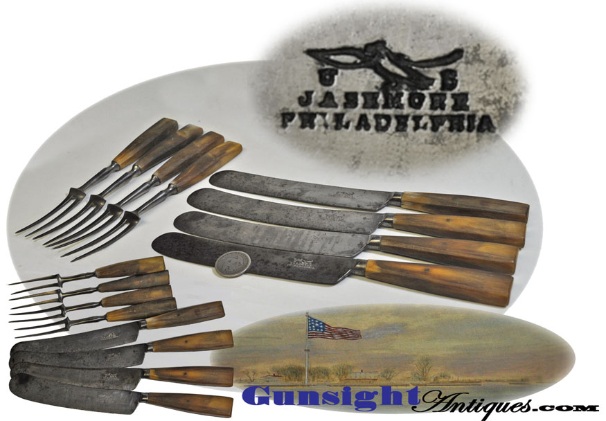 pre-Civil War 4 place setting - knife & fork CUTLERY SET by U. S. MILITARY SUPPLIER - J. ASHMORE PHI