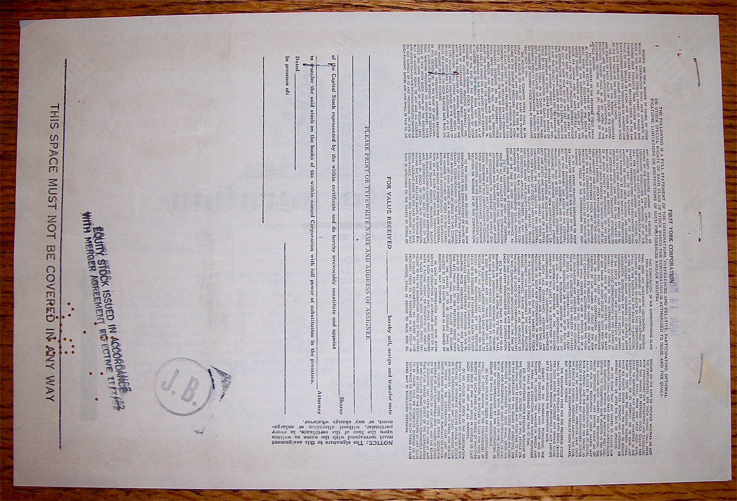 1950 First York Corporation Stock Certificate