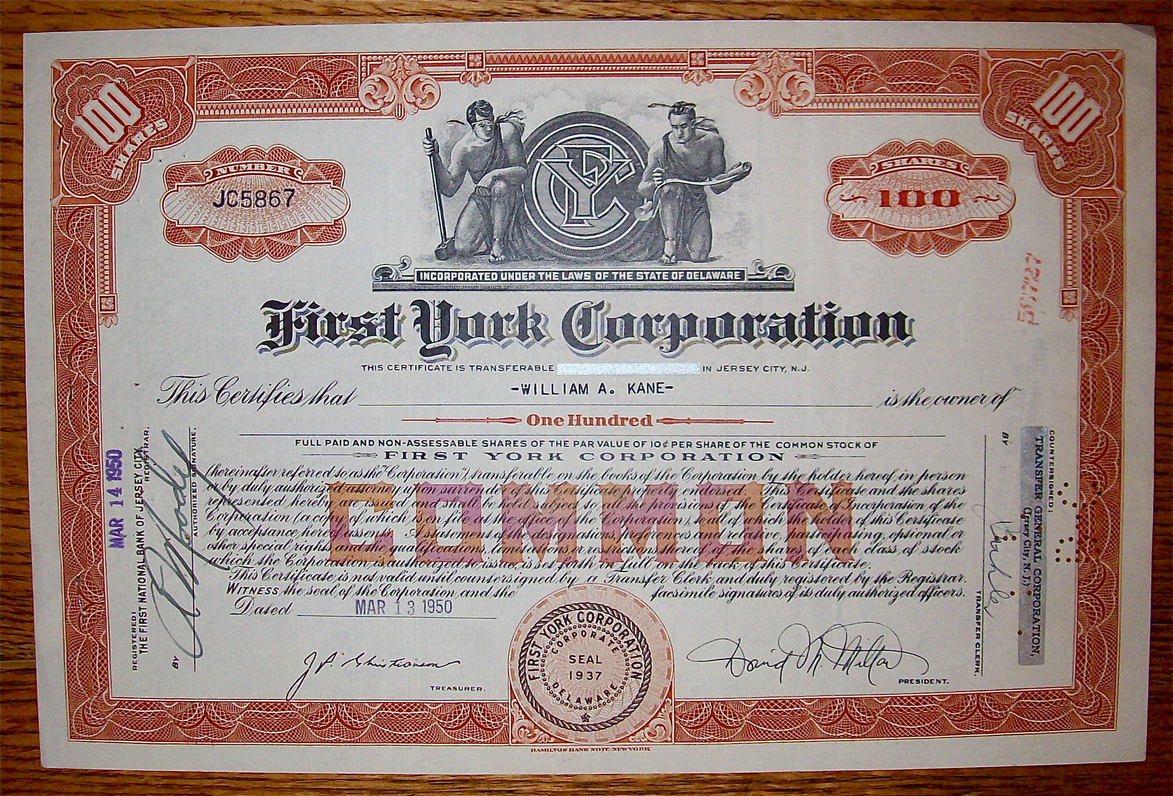 1950 First York Corporation Stock Certificate
