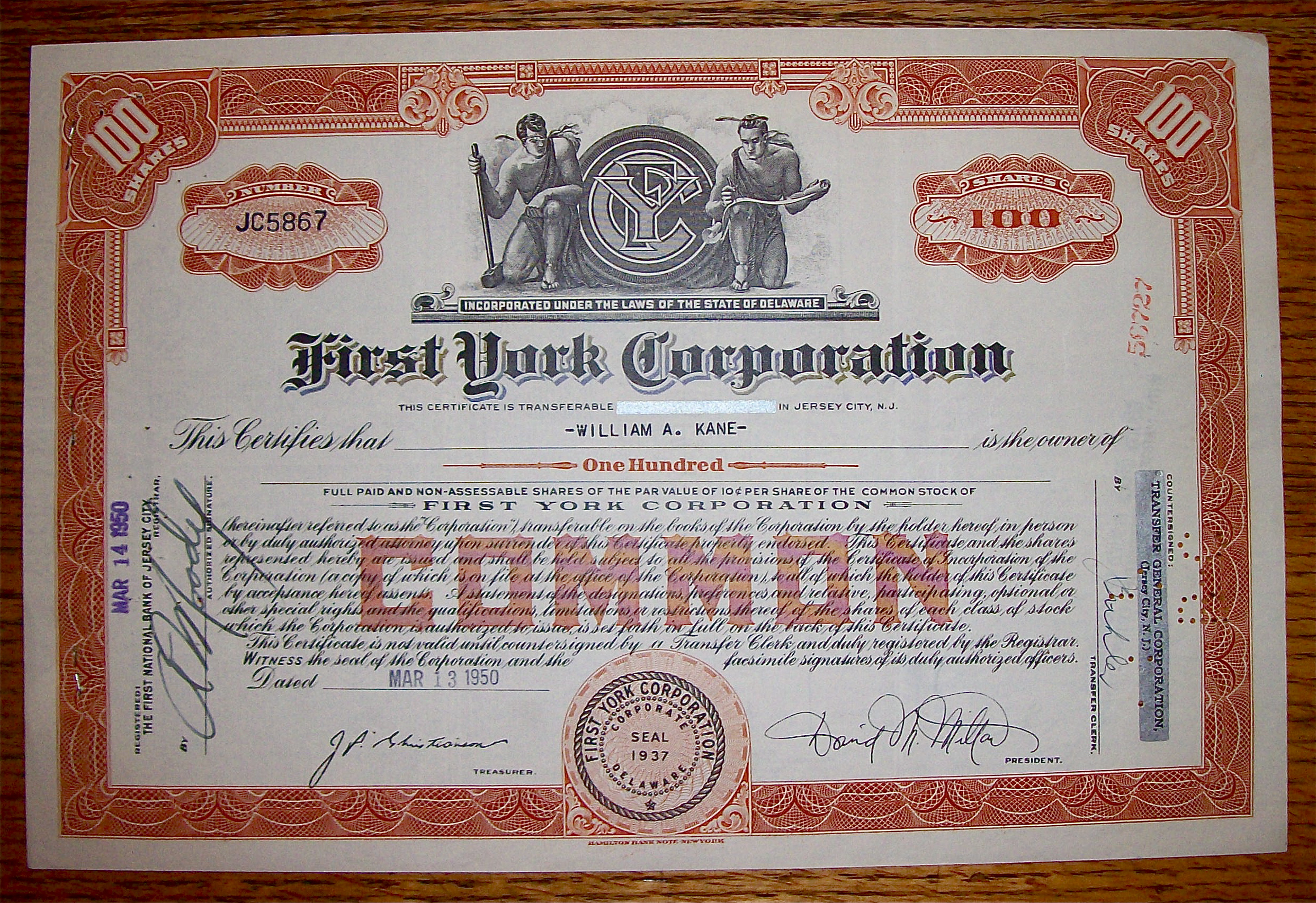 1950 First York Corporation Stock Certificate