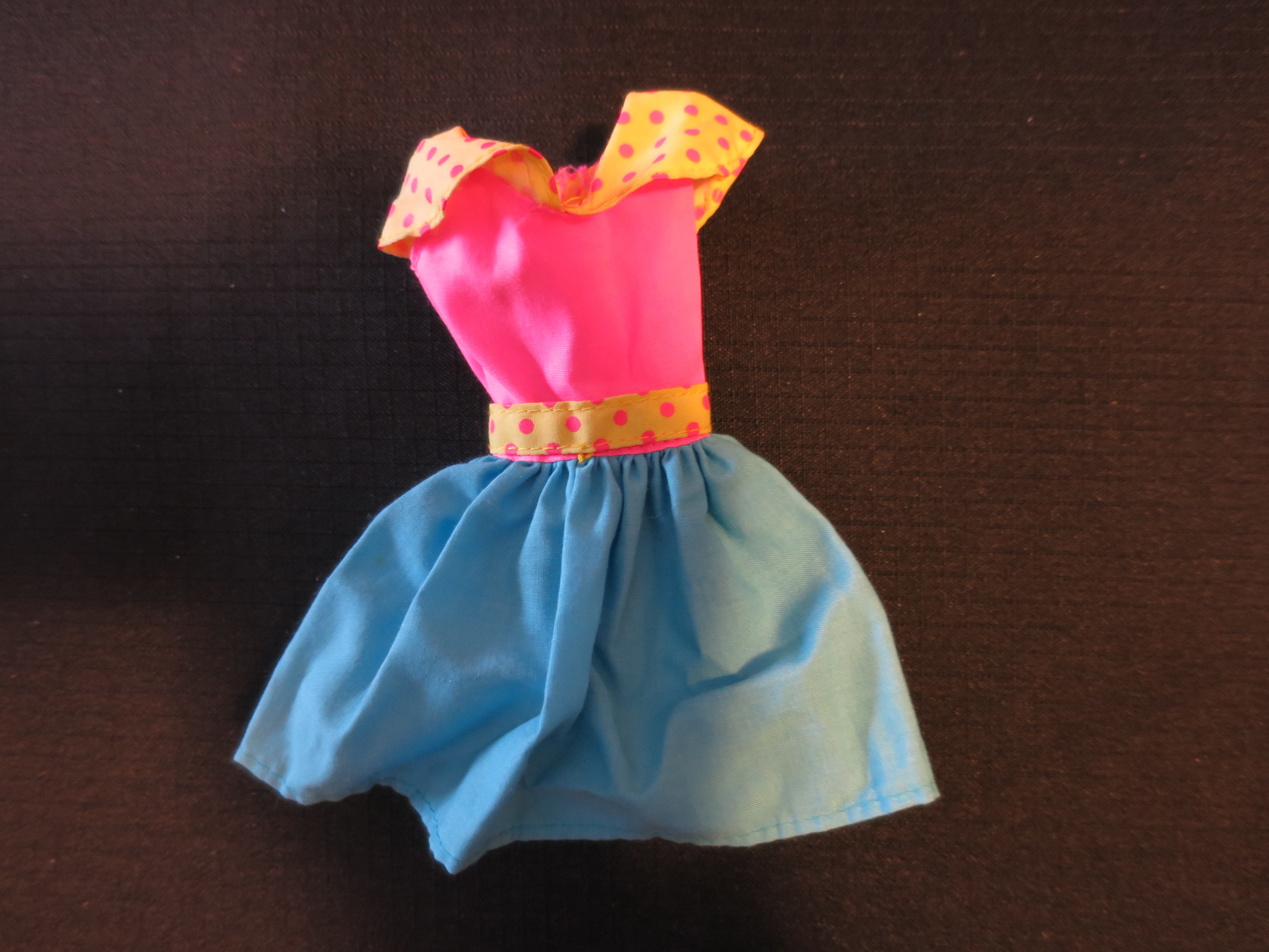 Vintage Barbie Doll Dress pink blue yellow with pink polka dots
