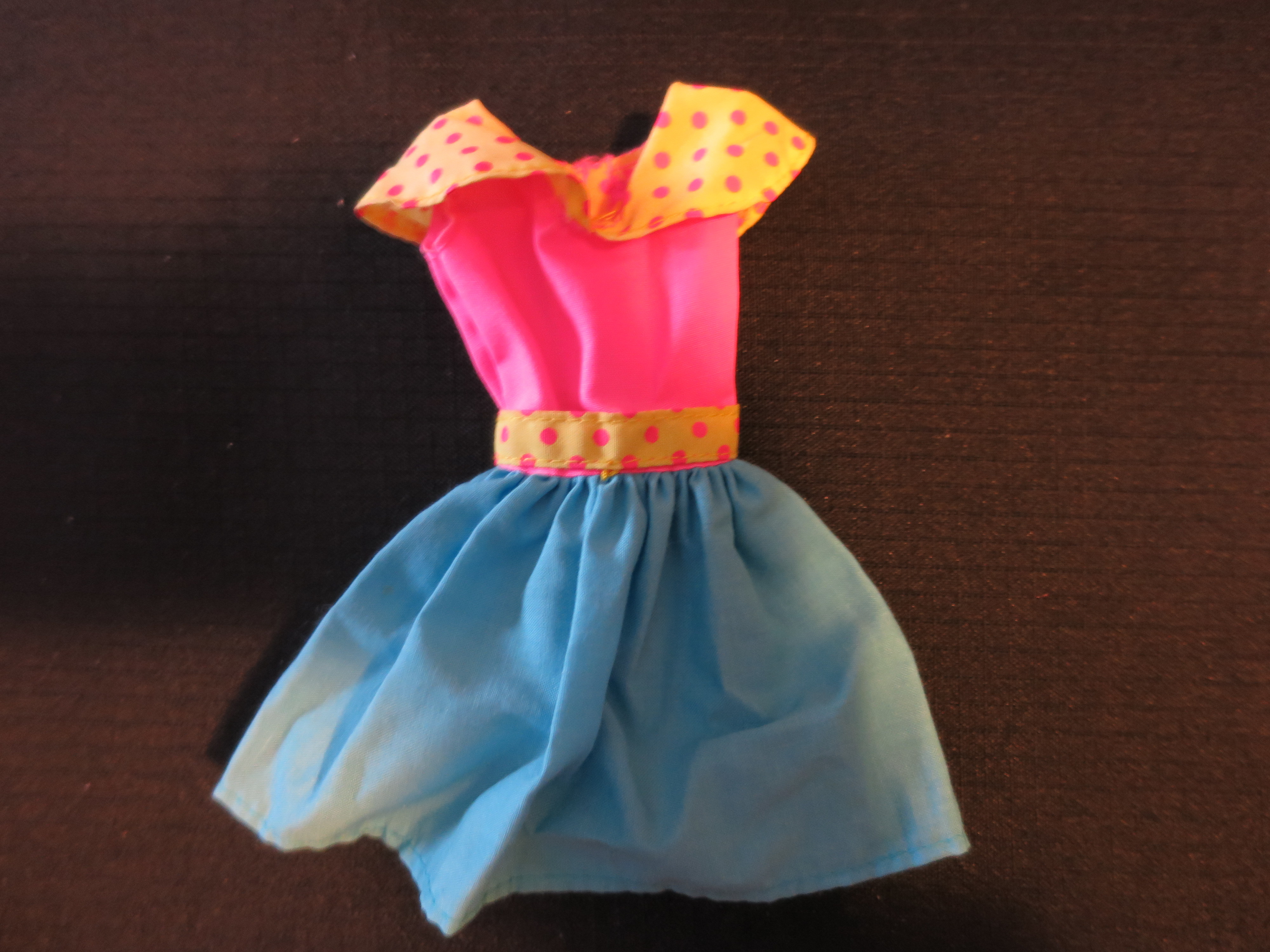 Vintage Barbie Doll Dress pink blue yellow with pink polka dots