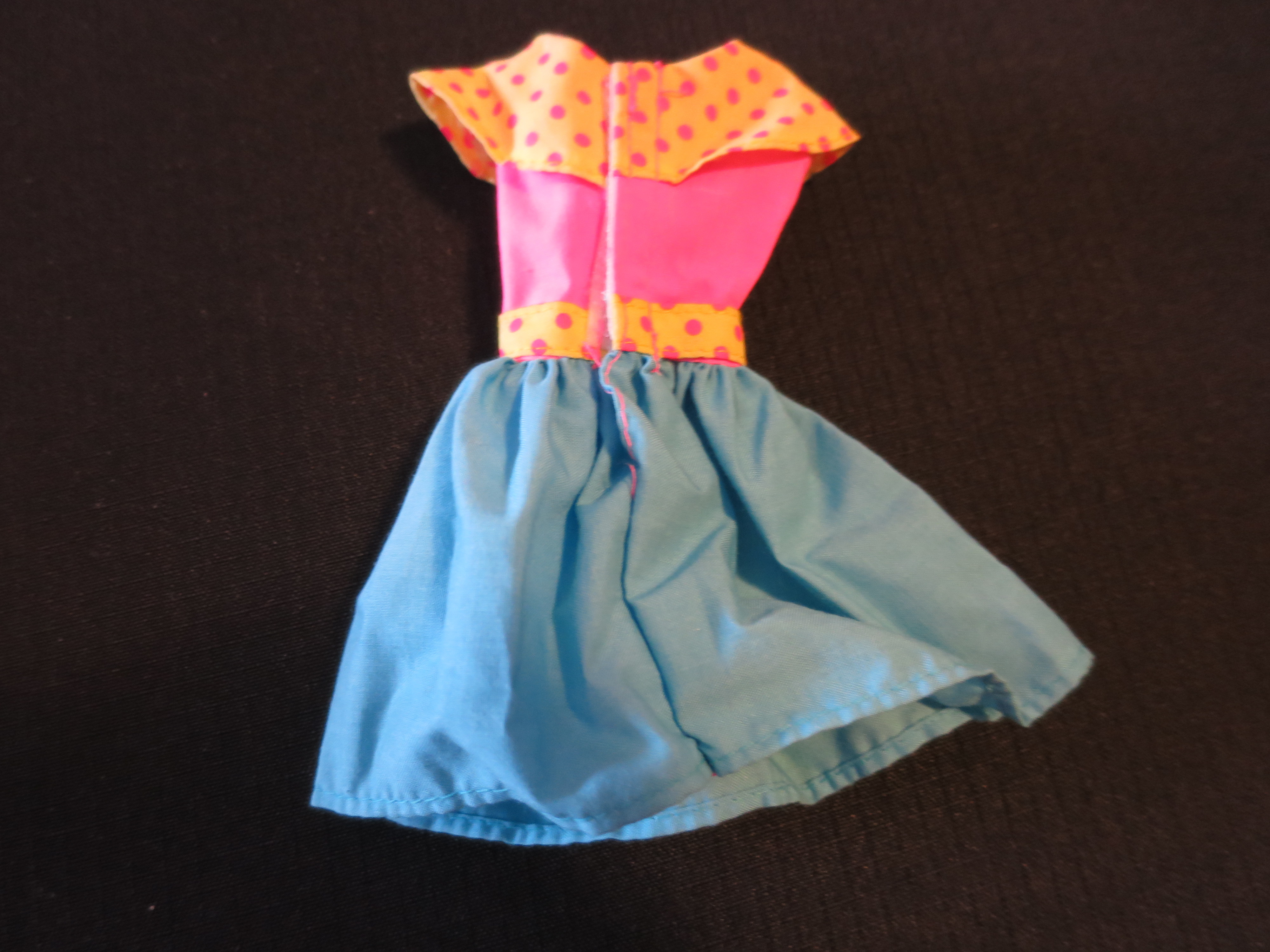 Vintage Barbie Doll Dress pink blue yellow with pink polka dots