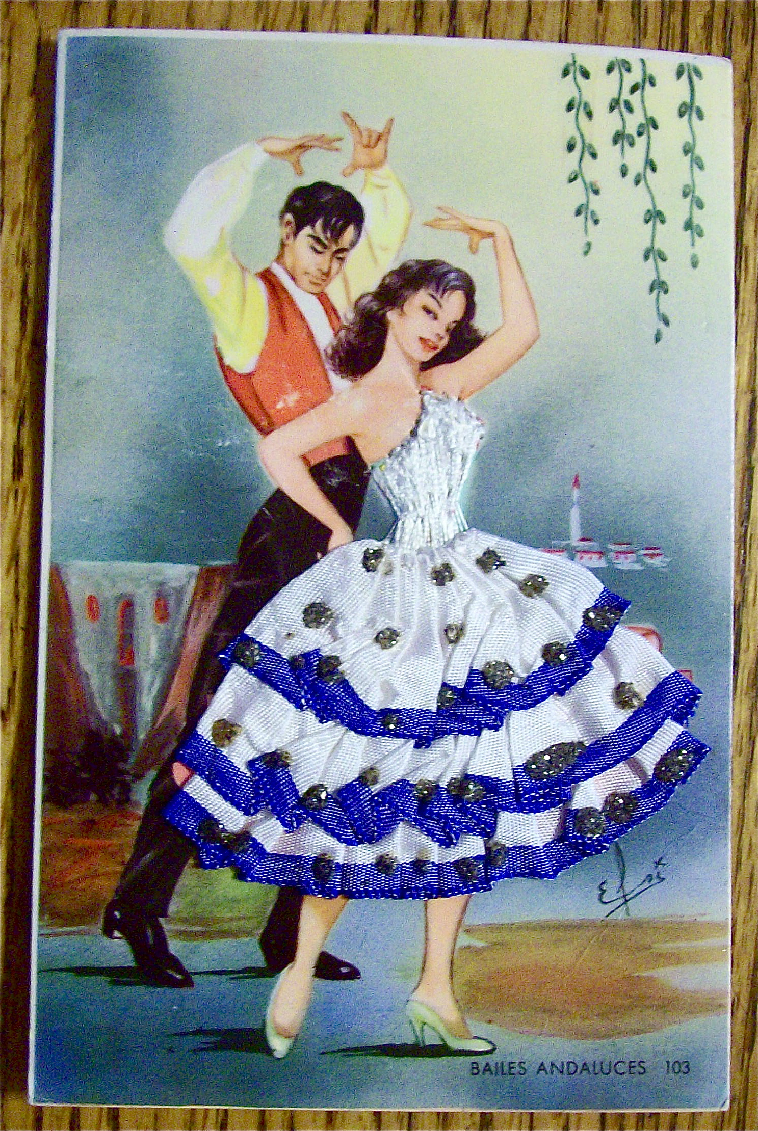 Bailes Andaluces Postcard-Fabric Overlay-Made In Spain