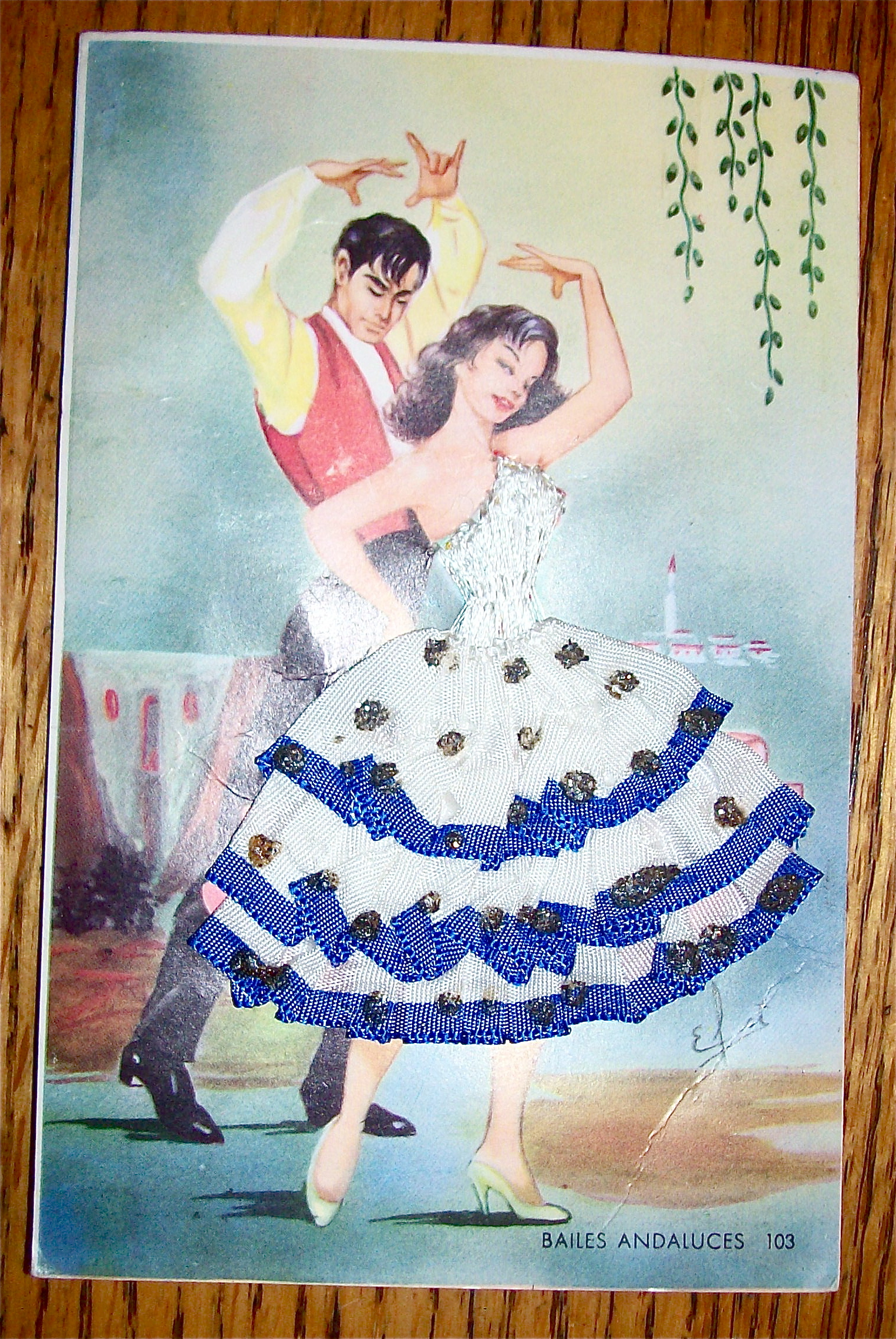 Bailes Andaluces Postcard-Fabric Overlay-Made In Spain