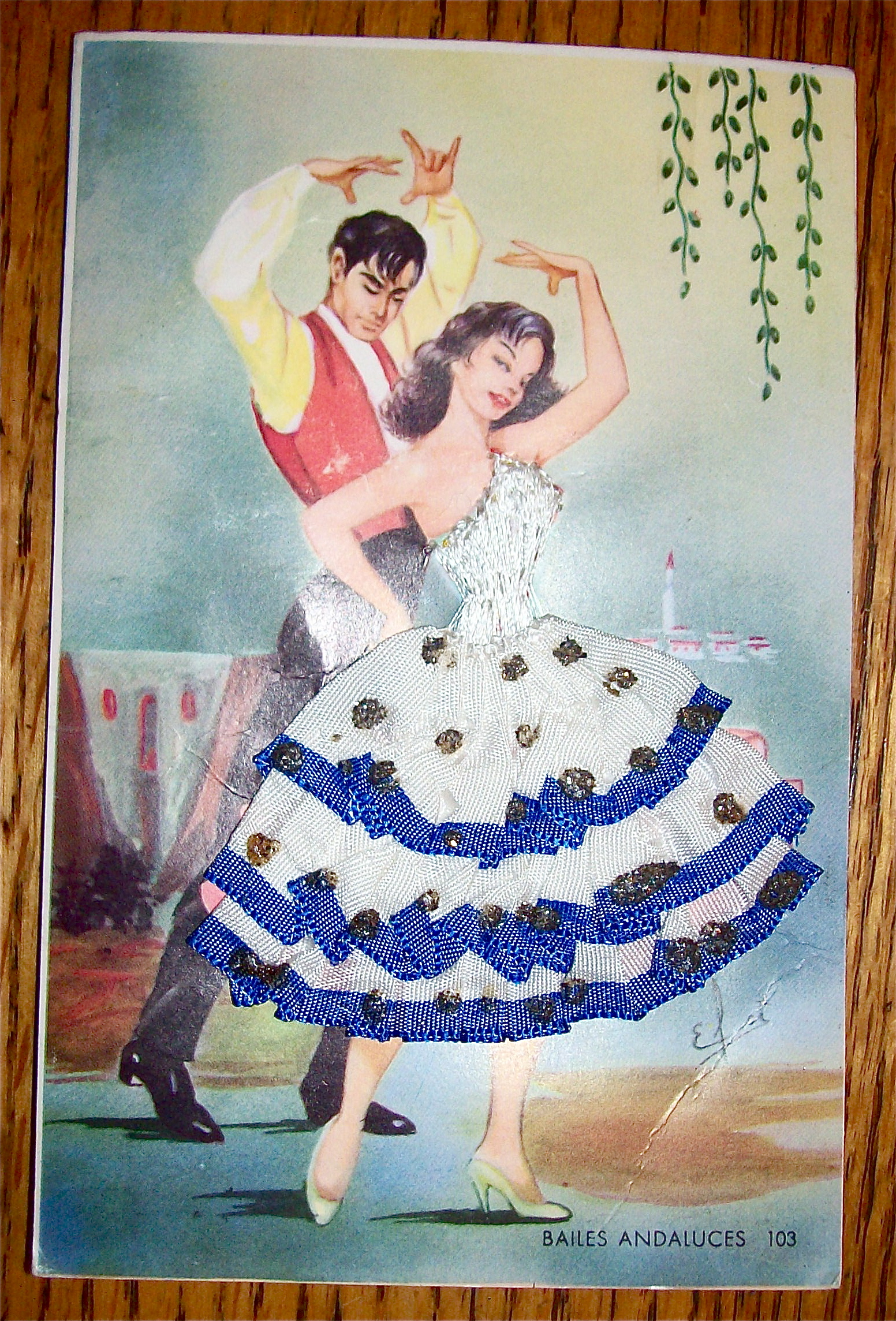 Bailes Andaluces Postcard-Fabric Overlay-Made In Spain