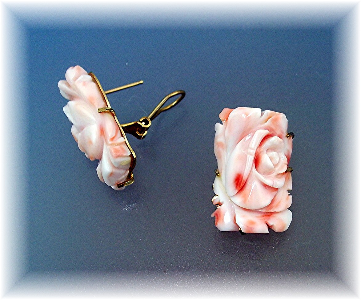 Earrings 14K Gold Carved Coral French Back Pierced