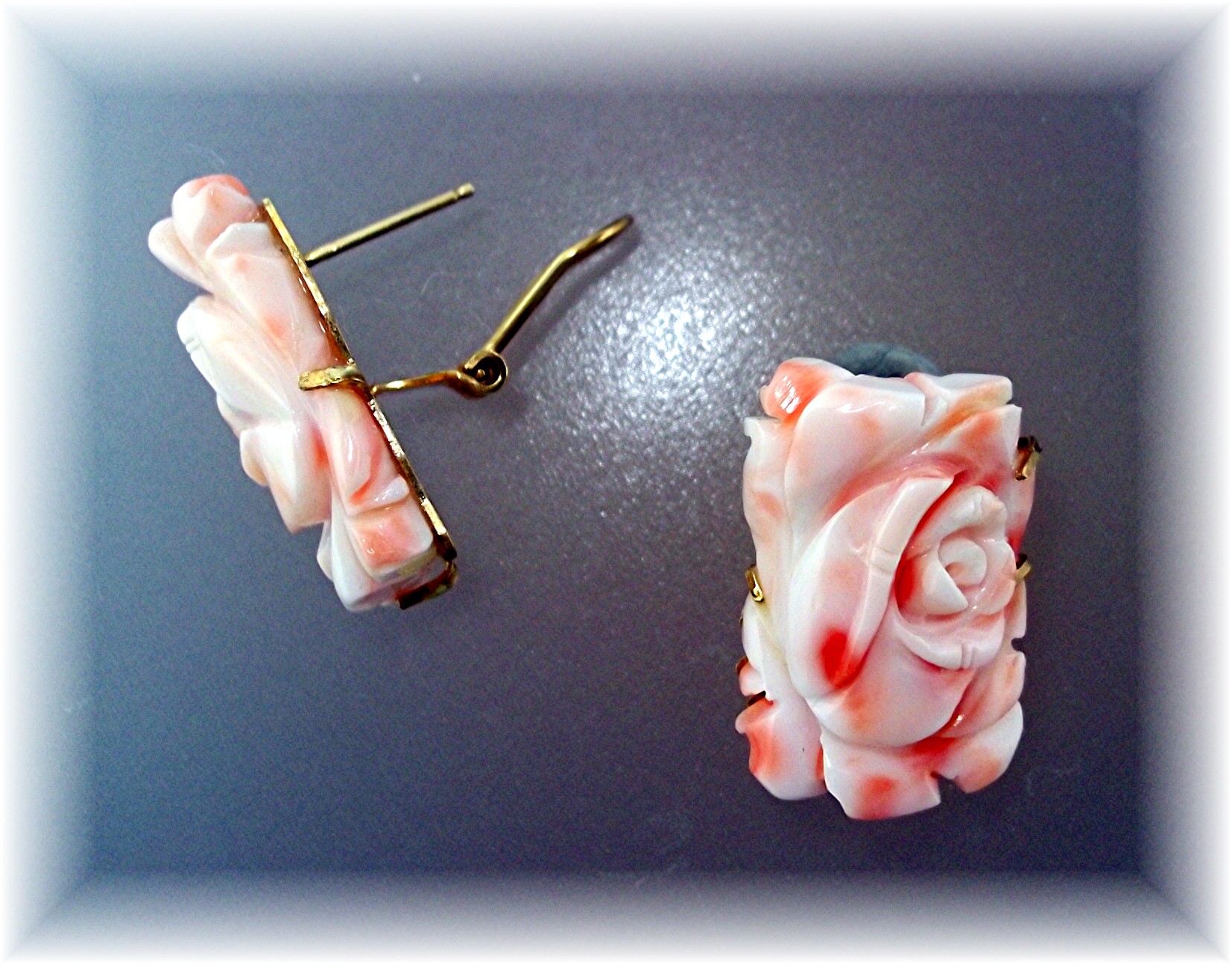 Earrings 14K Gold Carved Coral French Back Pierced