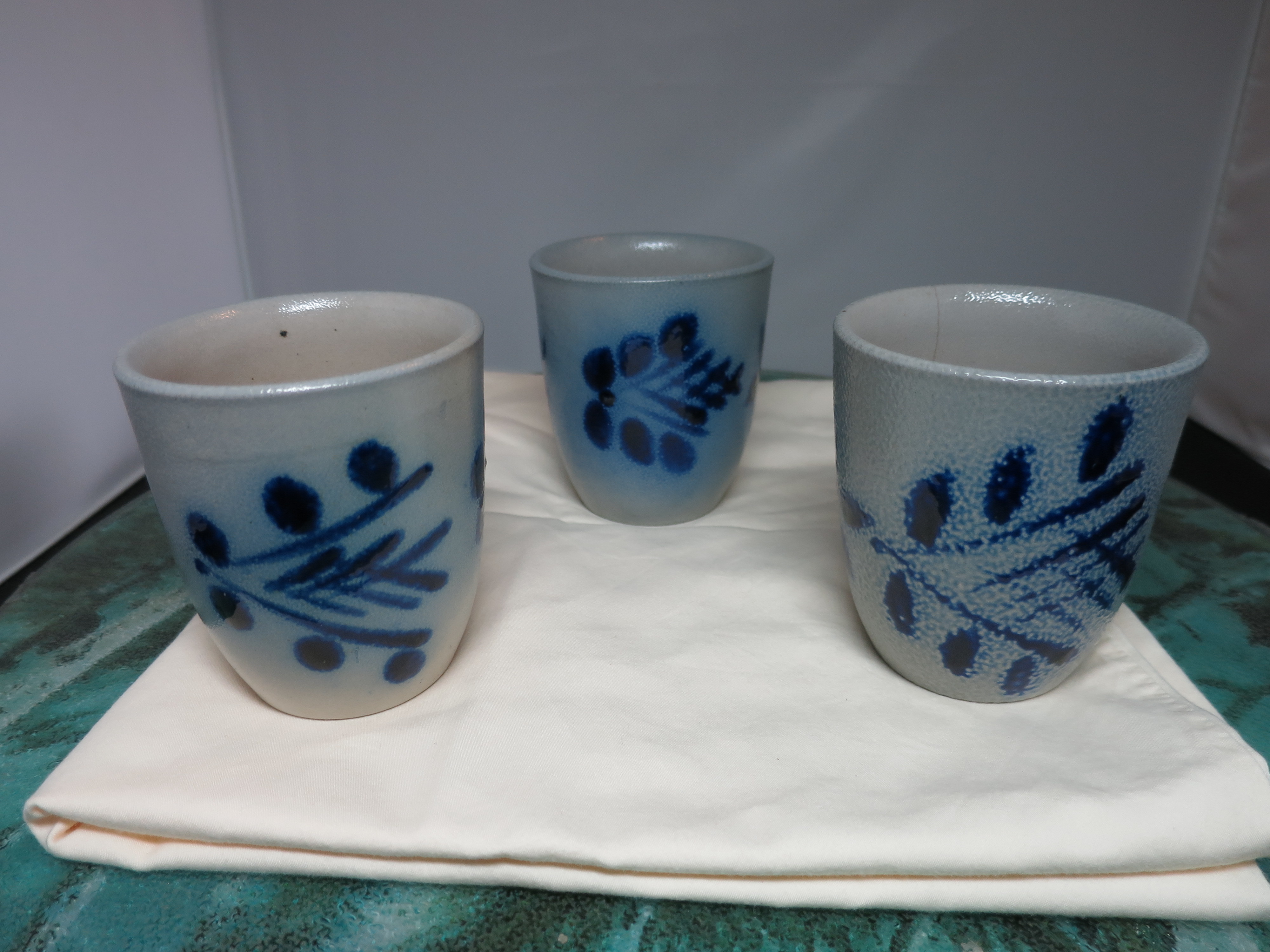 Western Germany Salt Glazed Cobalt Blue Cup Jar  lot of 3