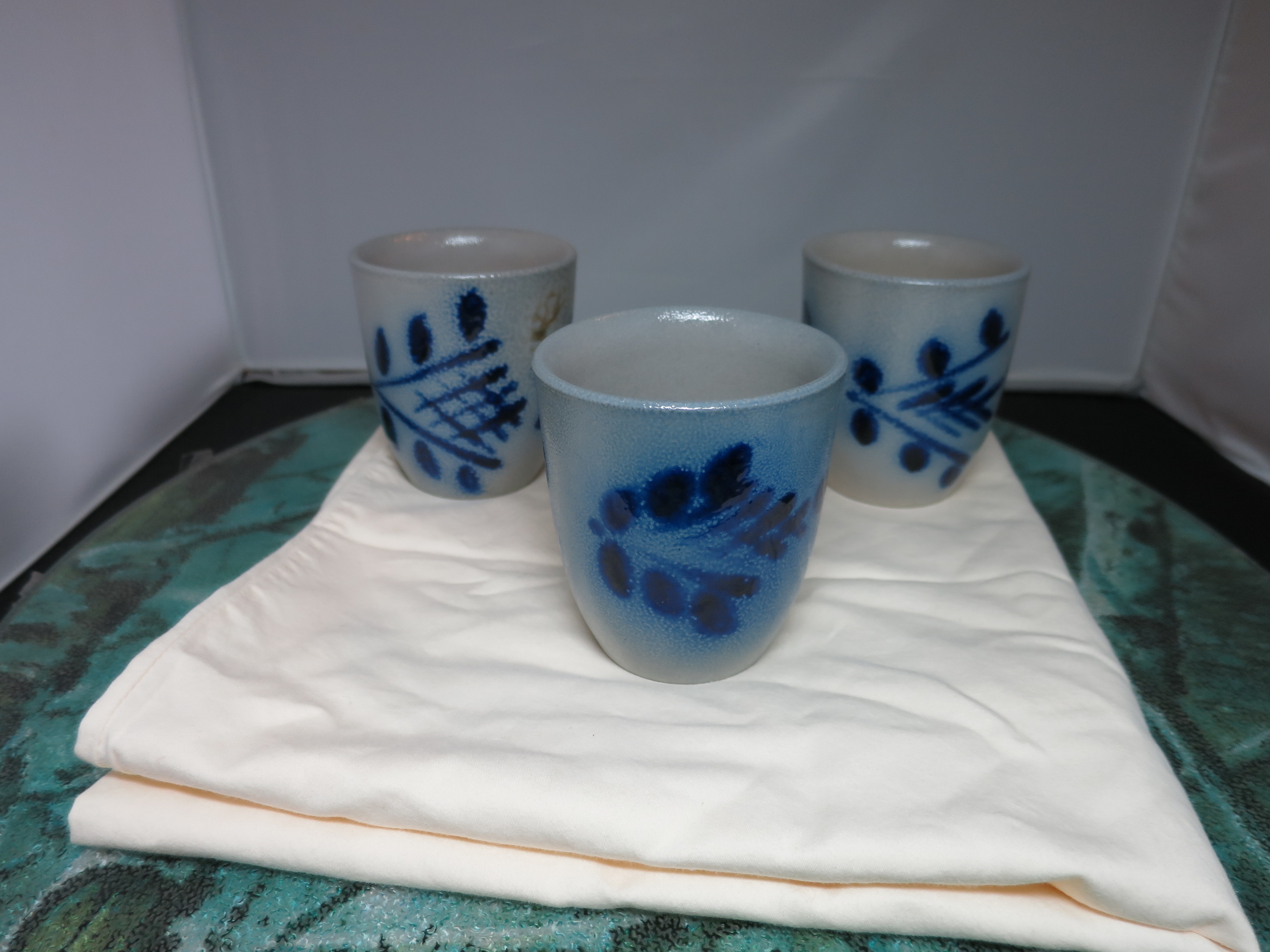 Western Germany Salt Glazed Cobalt Blue Cup Jar  lot of 3