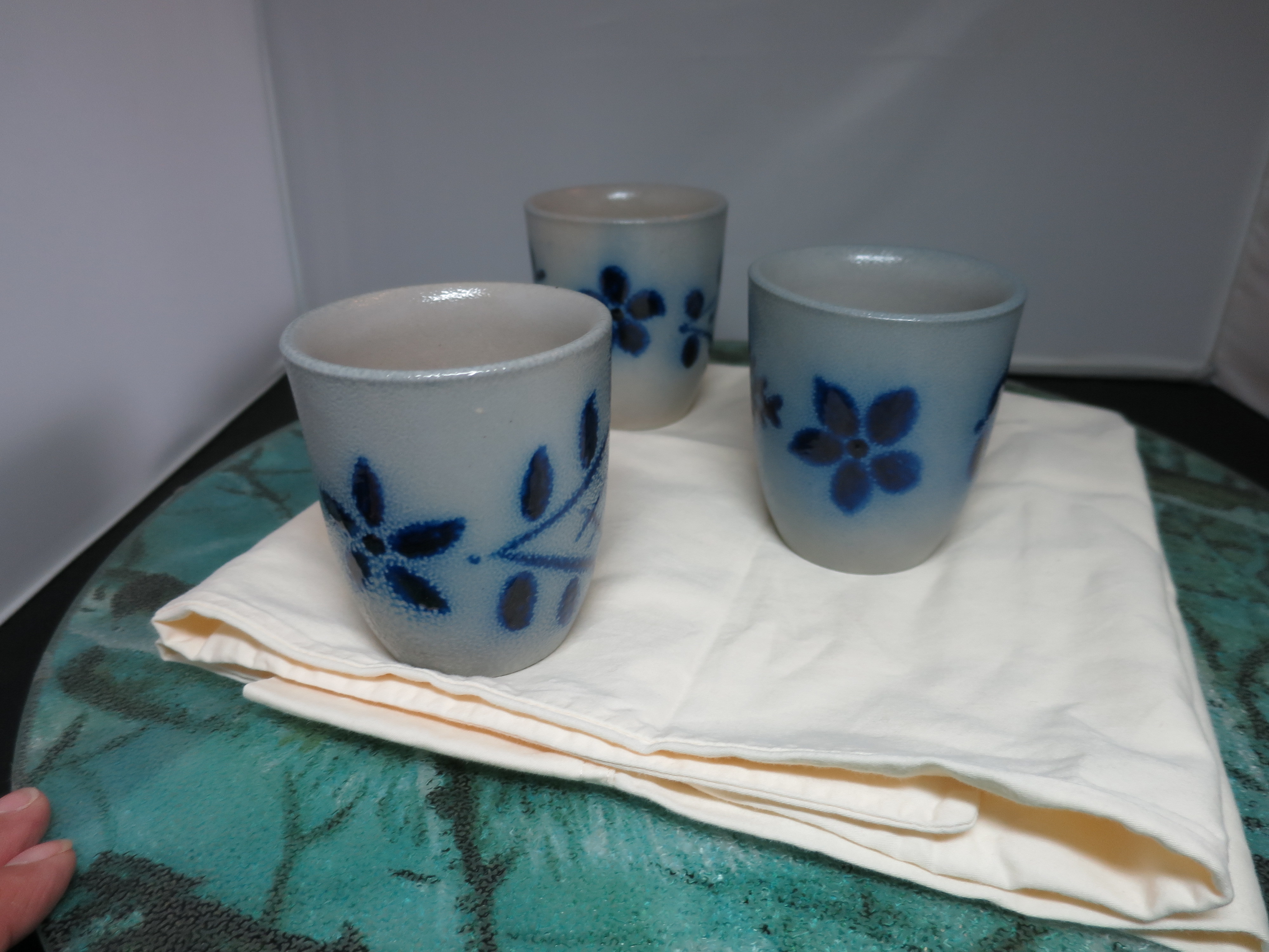 Western Germany Salt Glazed Cobalt Blue Cup Jar  lot of 3