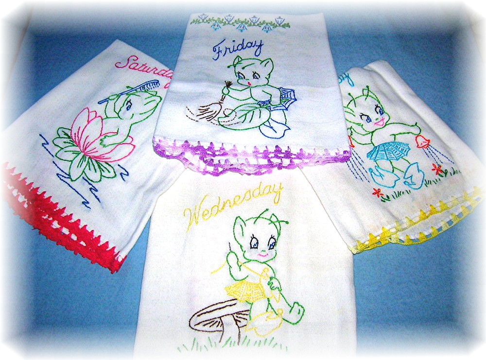 4 Hand Embroidered Floursack Kitchen Towels