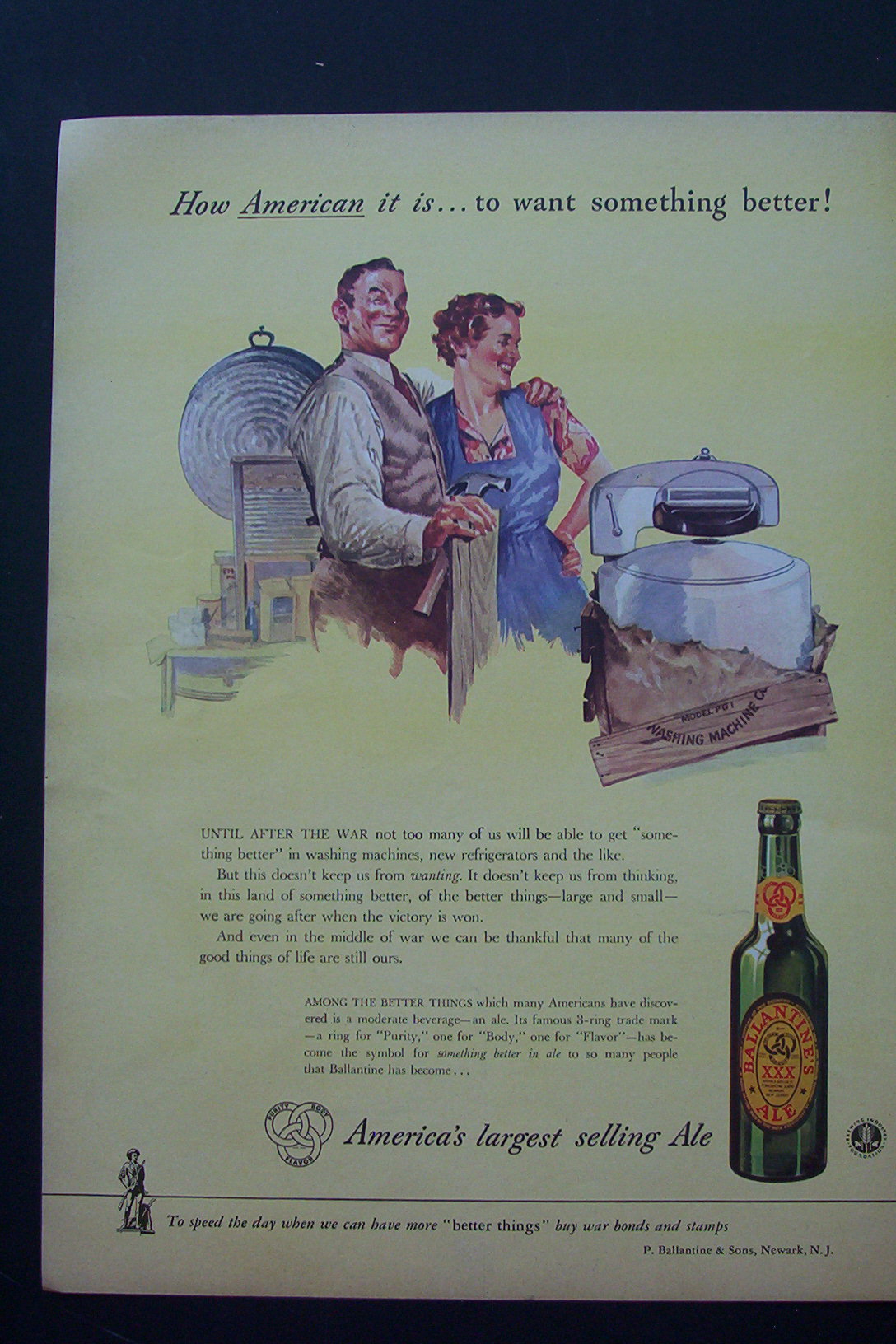 1943 Ballantine's Ale with Man & Woman Look at Washer