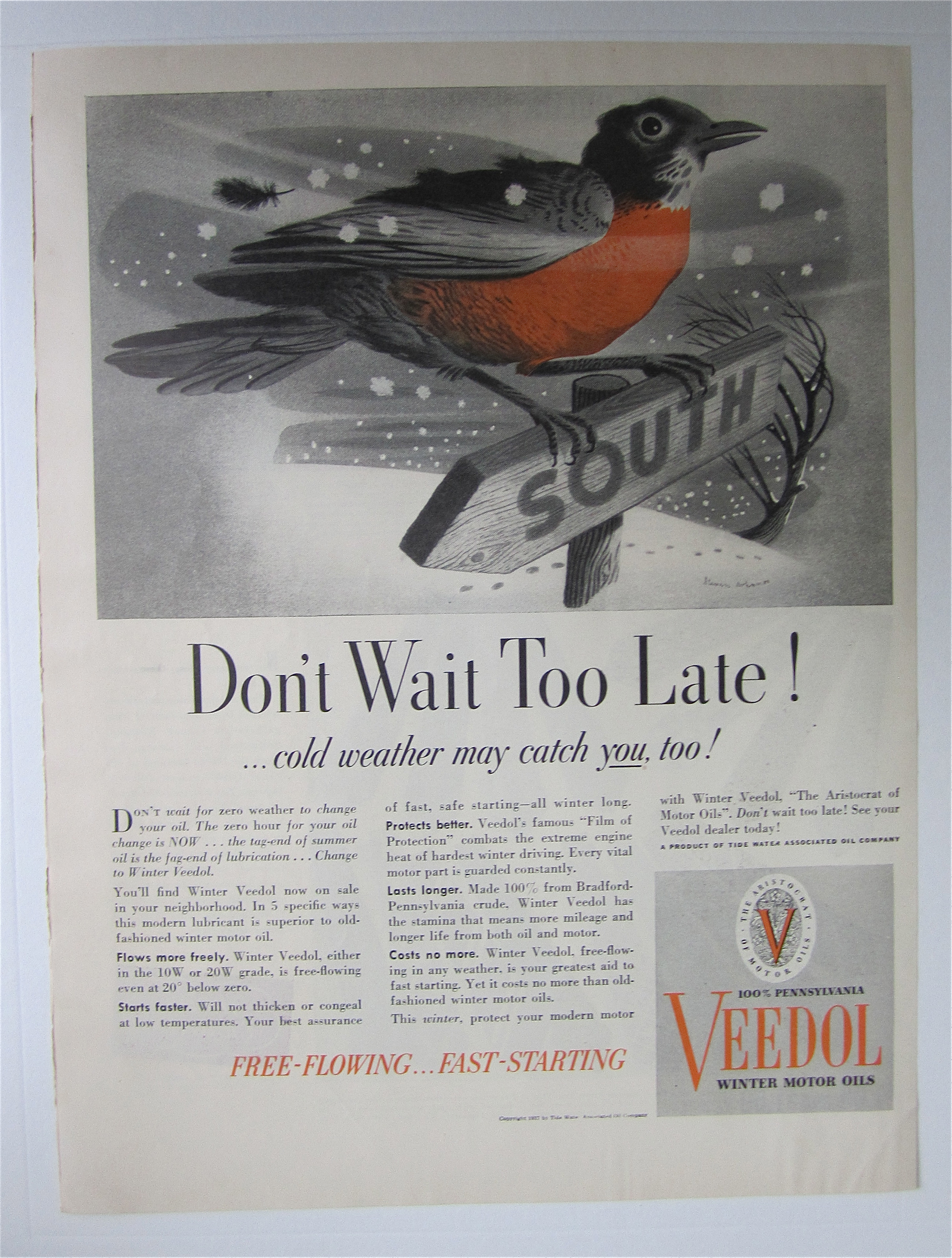 1937 Veedol Motor Oil with Bird on a Sign in the Snow