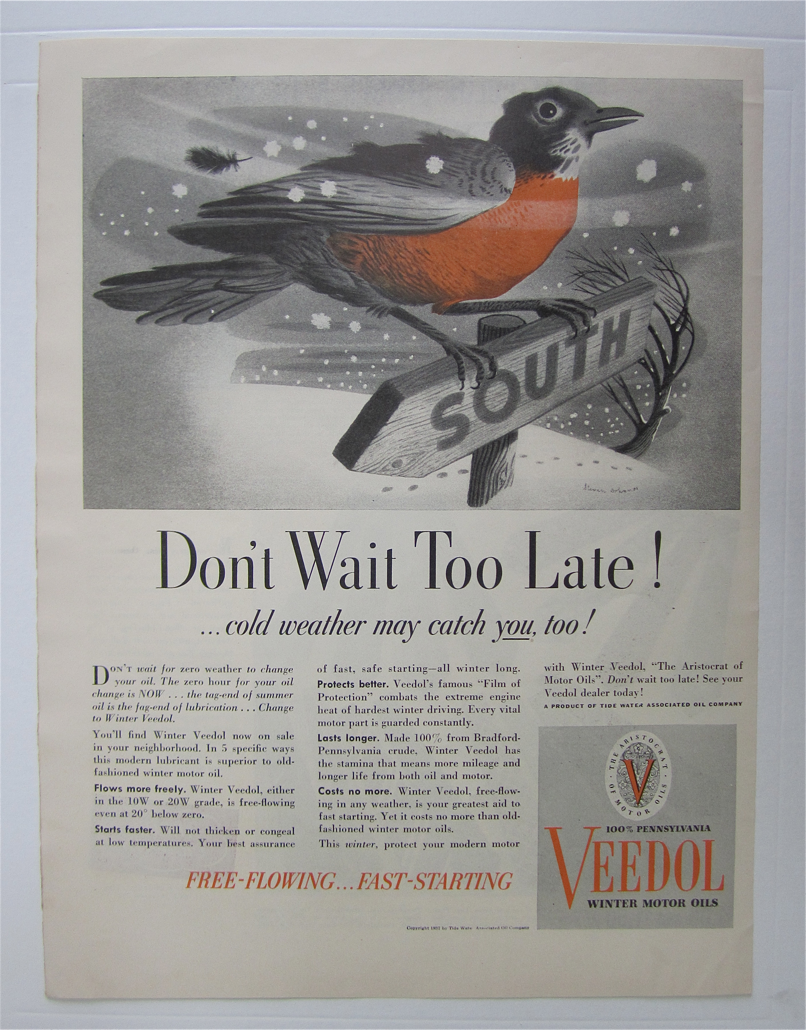 1937 Veedol Motor Oil with Bird on a Sign in the Snow