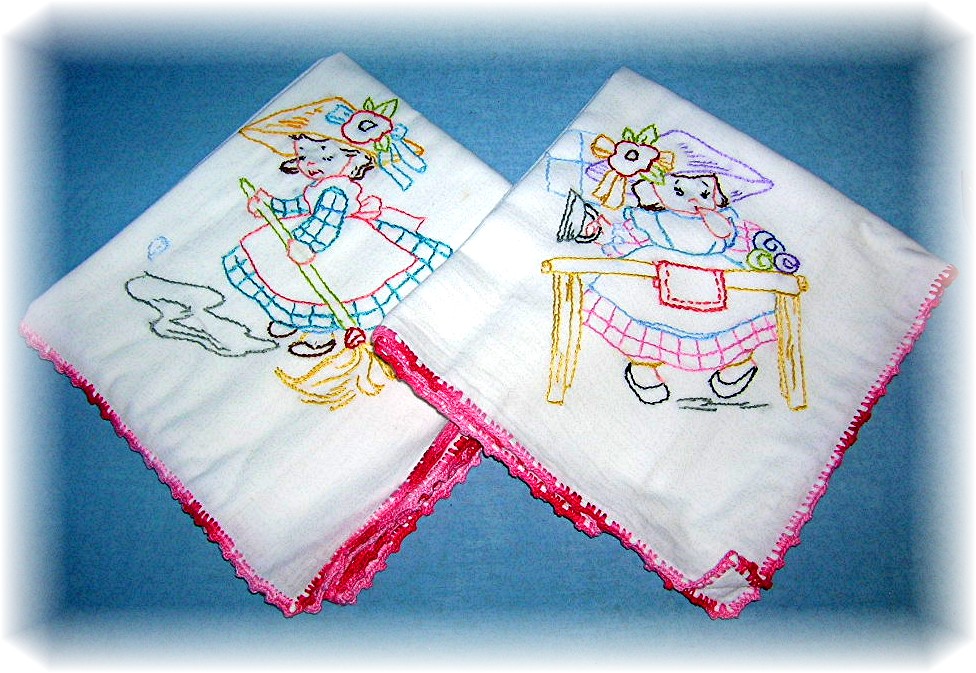 2 Hand Embroidered Floursack Kitchen Towels