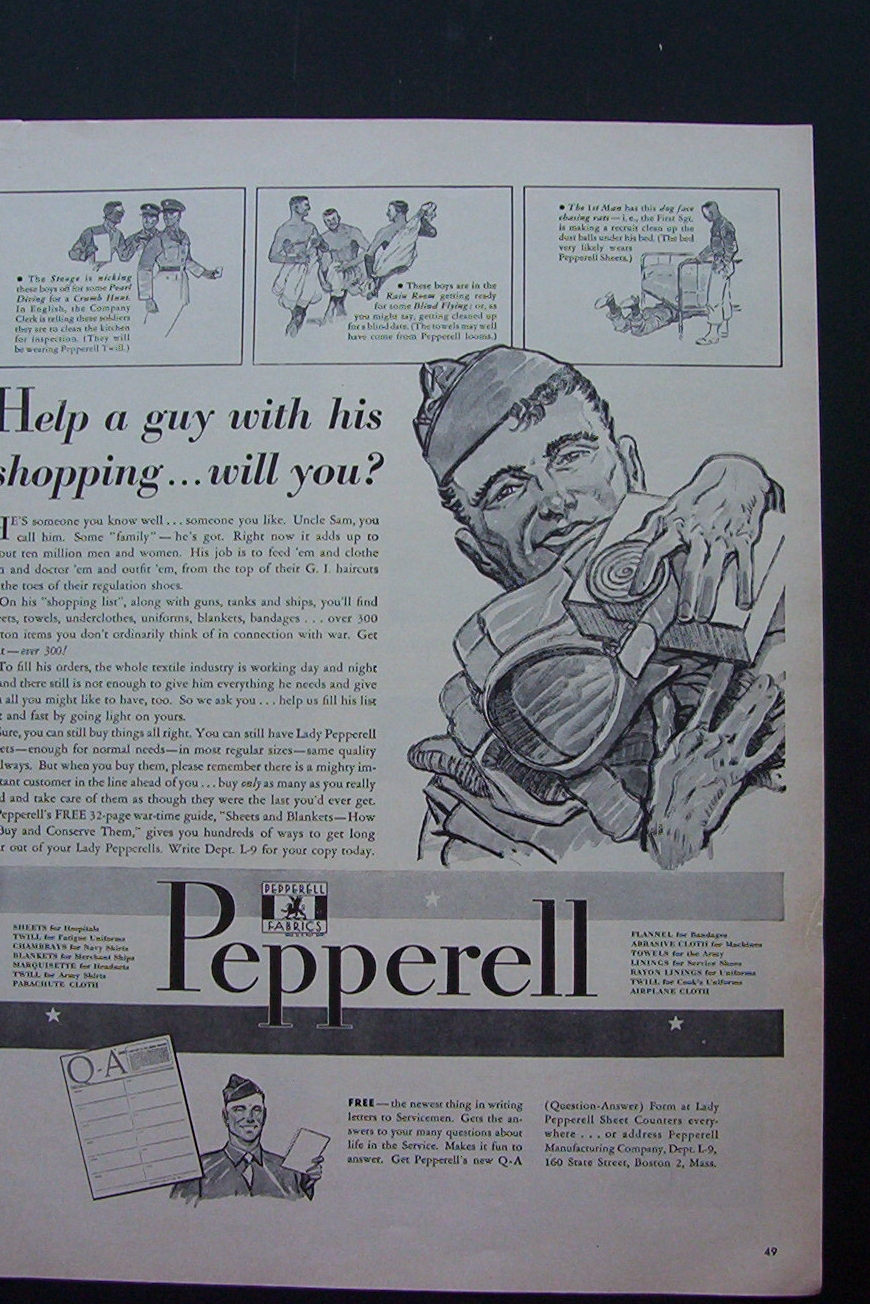 1943 Peppered Fabrics with Soldier Holding Items