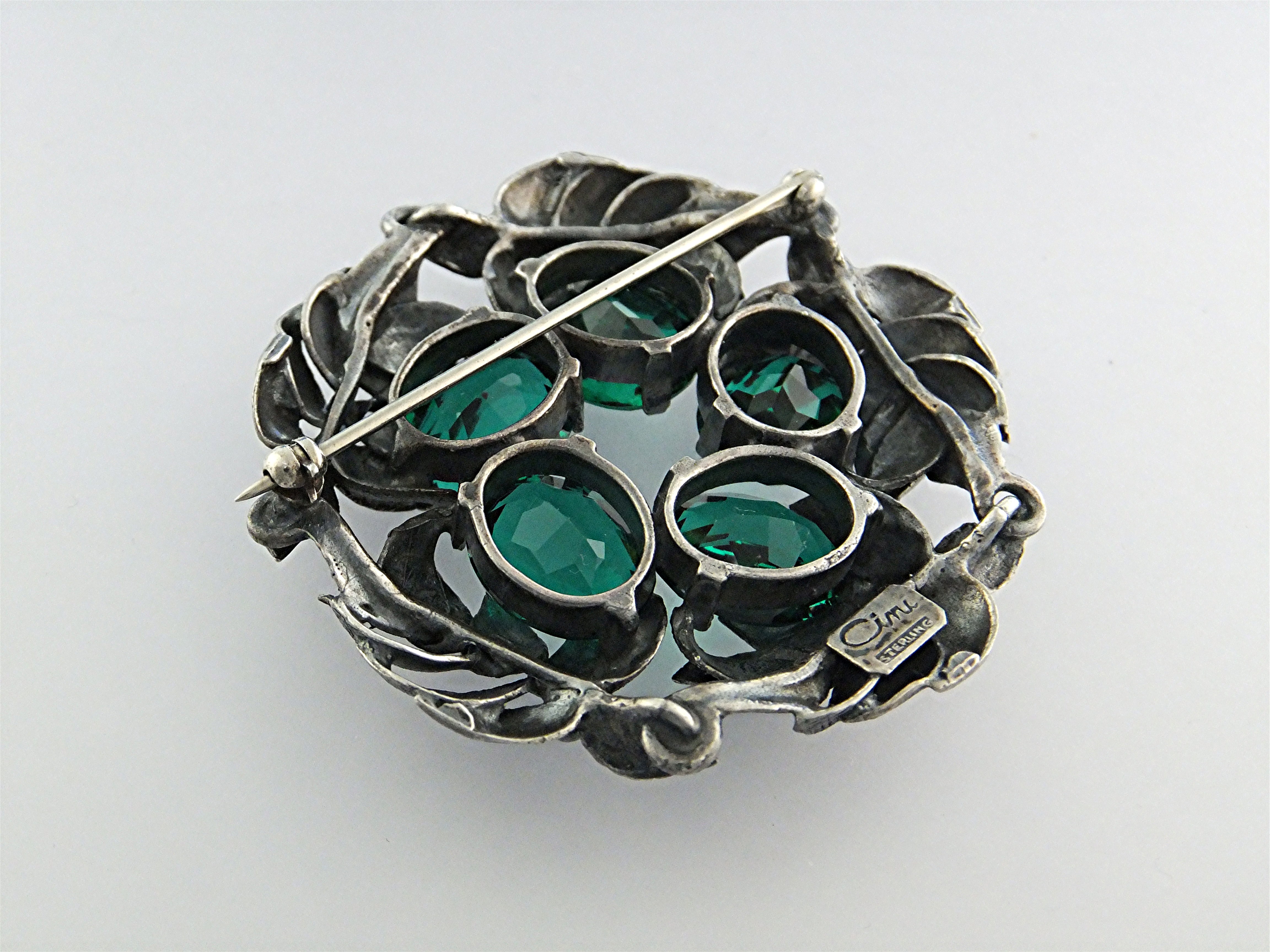 Brooch Pin Sterling Silver Green Glass CINI