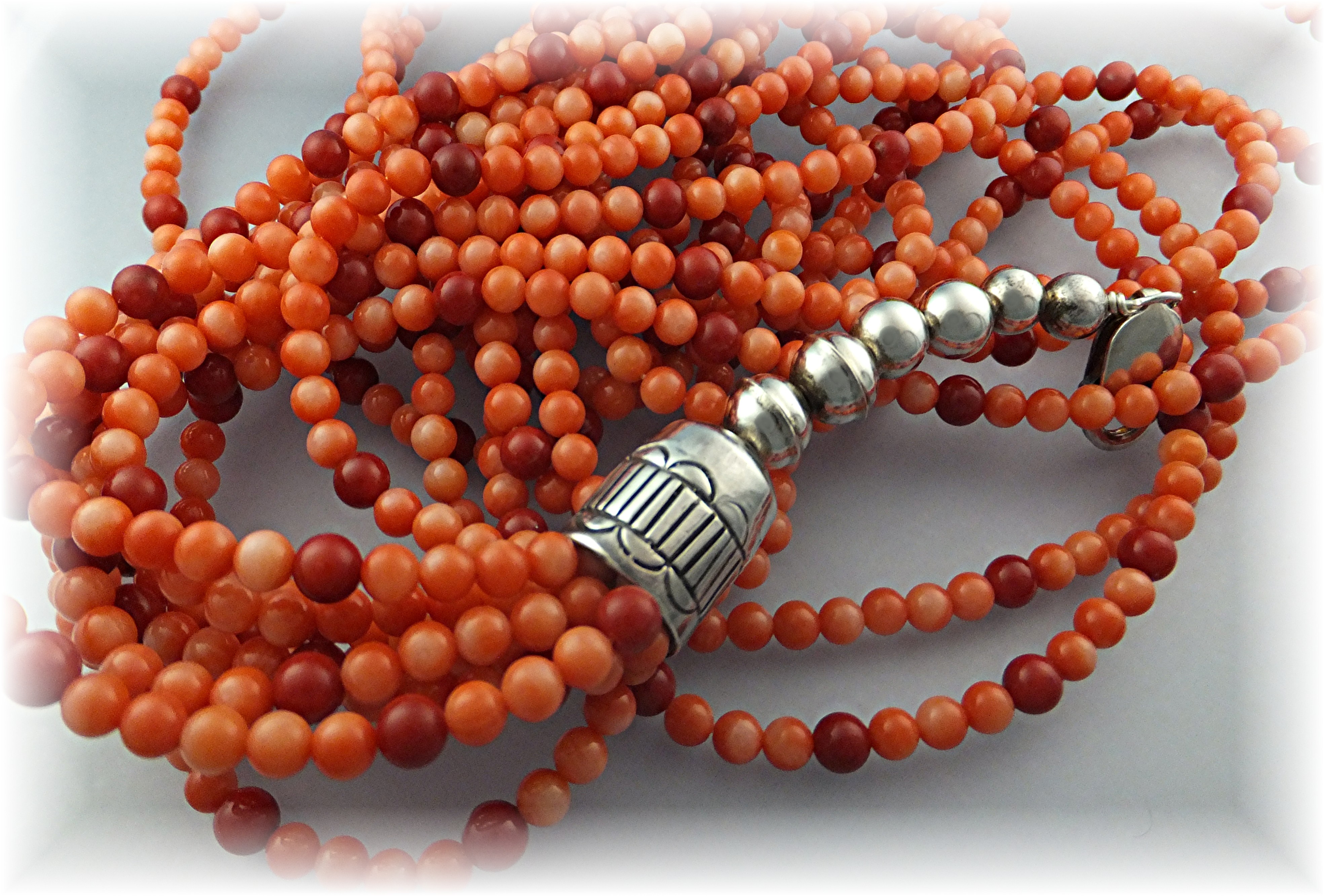Native American  Coral 10 Strand Sterling Silver