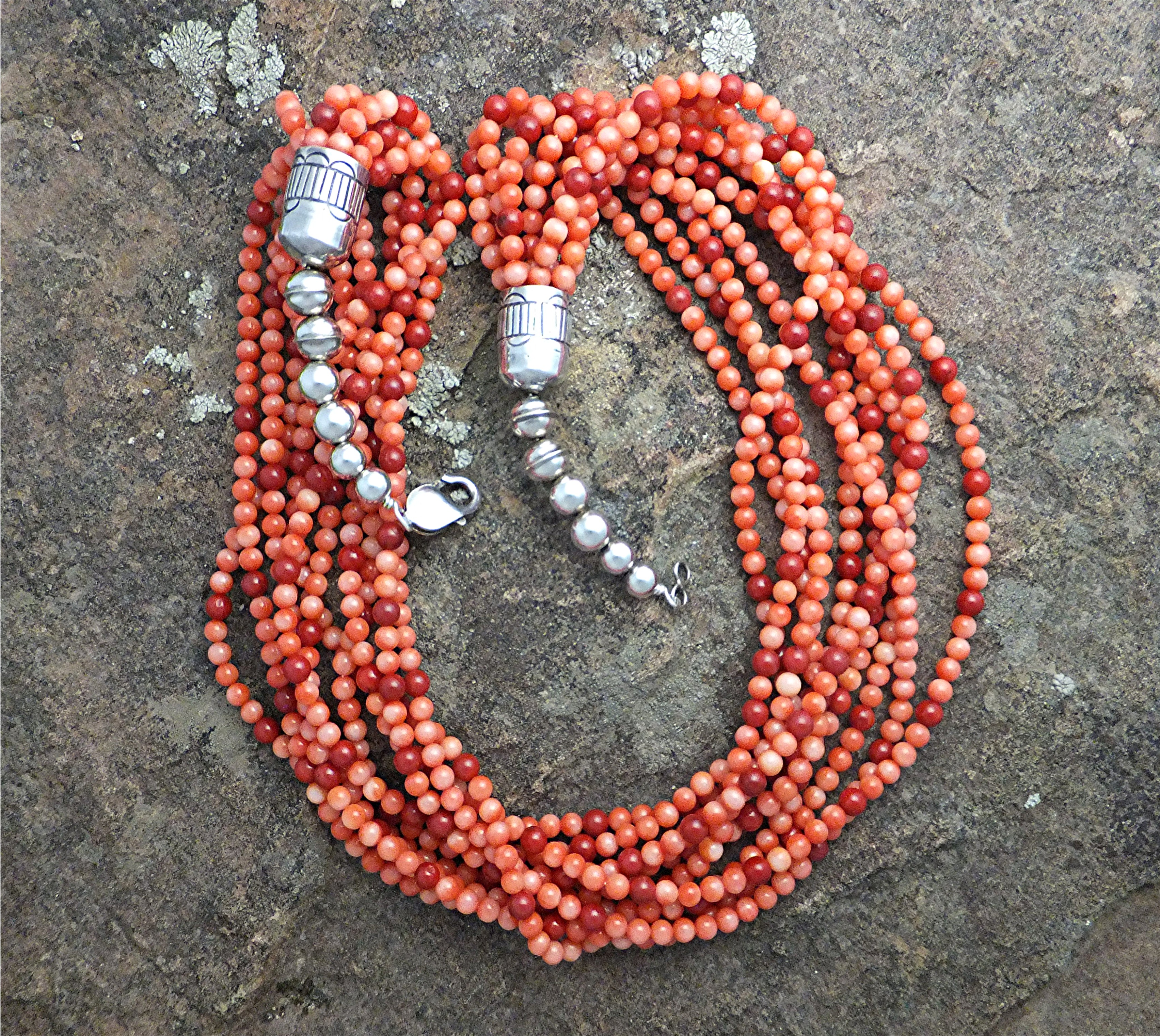 Native American  Coral 10 Strand Sterling Silver