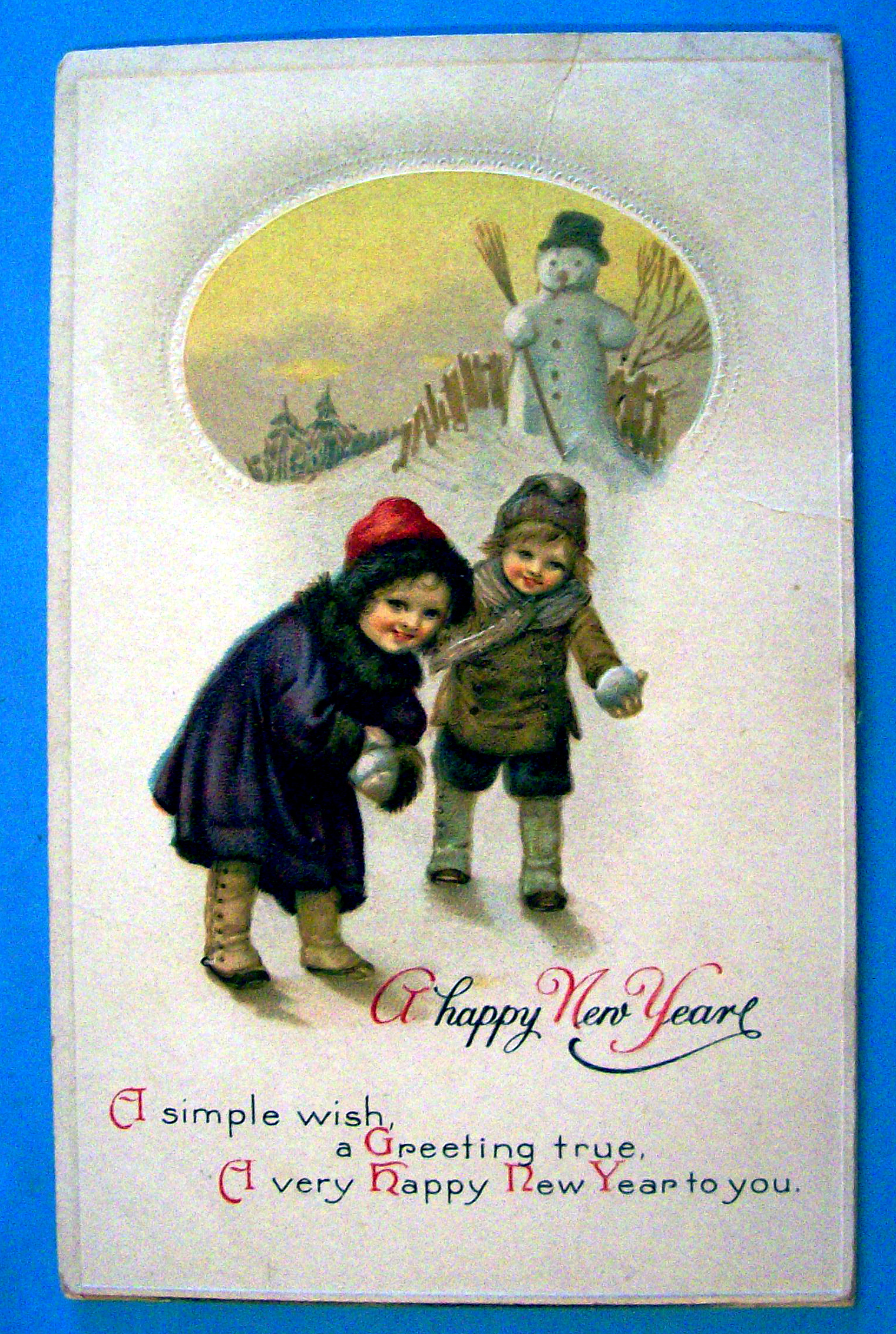 Happy New Year Postcard with Children & Snowman