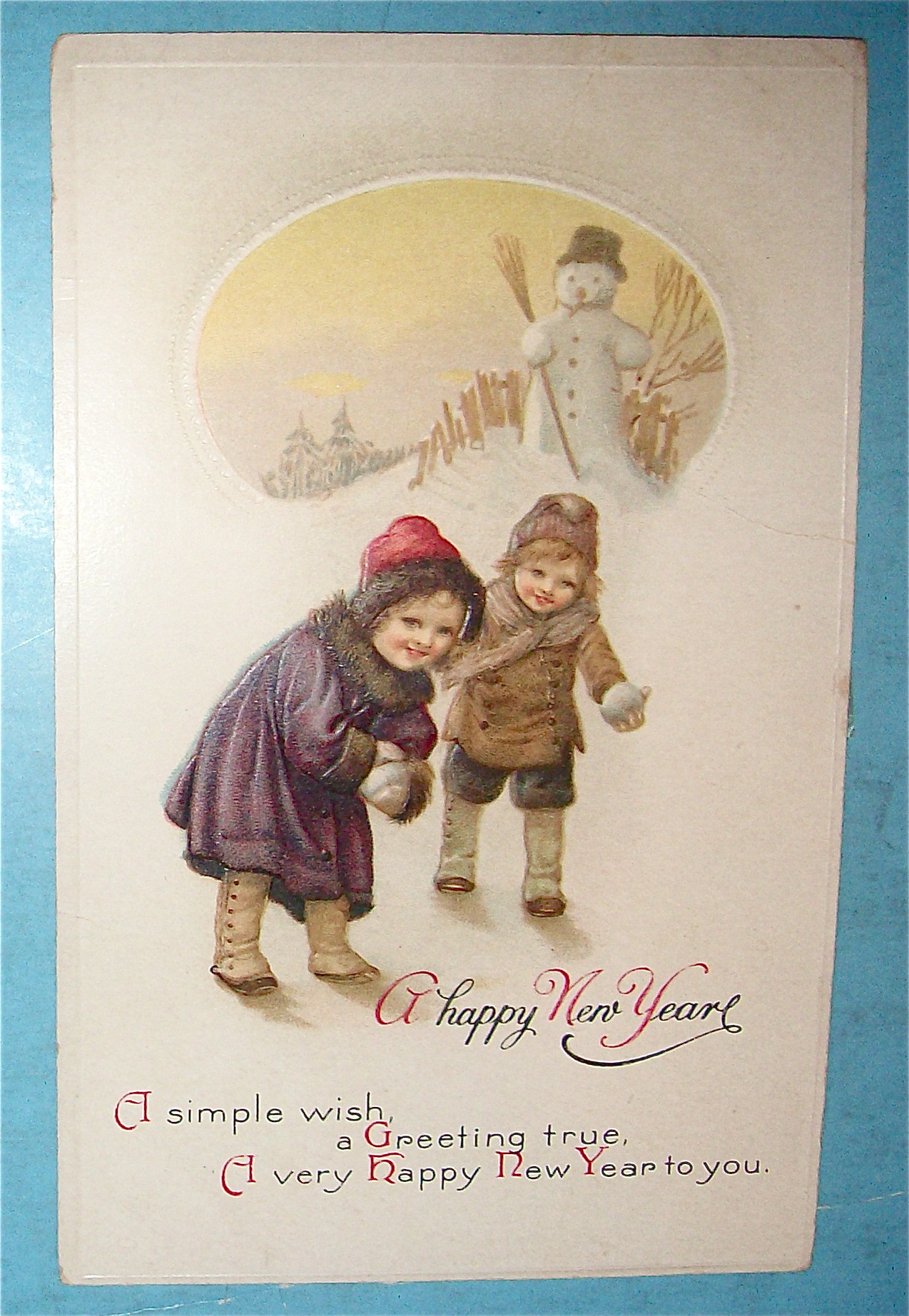 Happy New Year Postcard with Children & Snowman