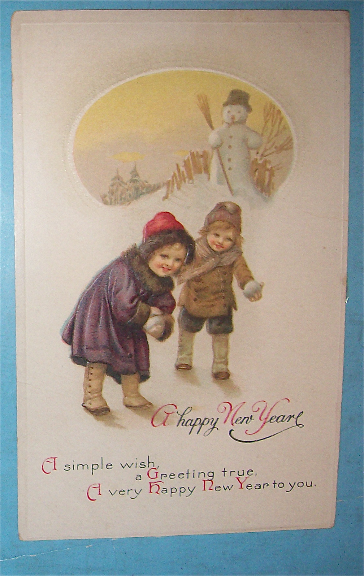 Happy New Year Postcard with Children & Snowman