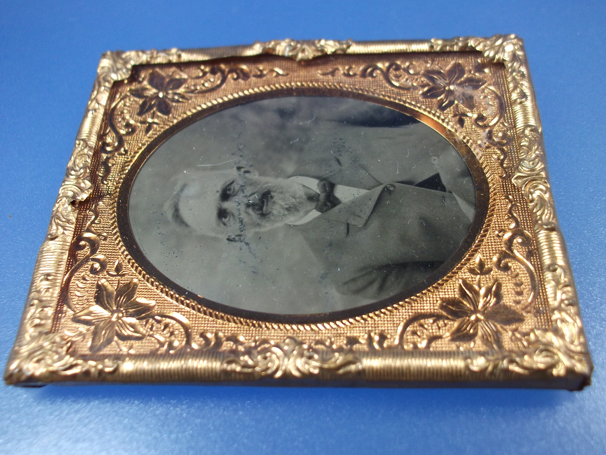 Antique Tintype photo and Gold Frame  and Stand