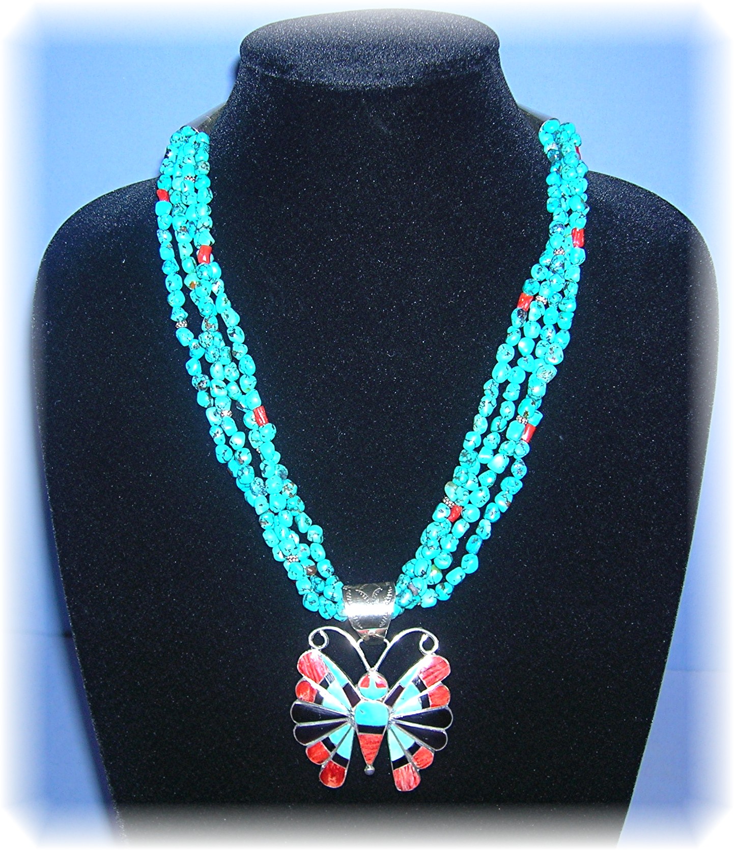 Zuni Turquoise Sterling Silver Inlay Signed Necklace