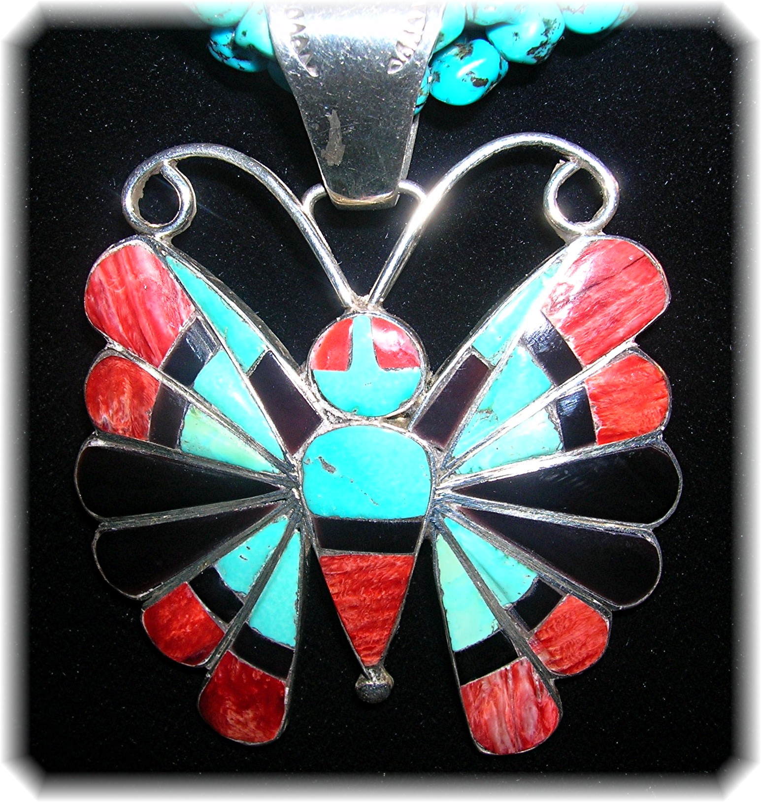 Zuni Turquoise Sterling Silver Inlay Signed Necklace