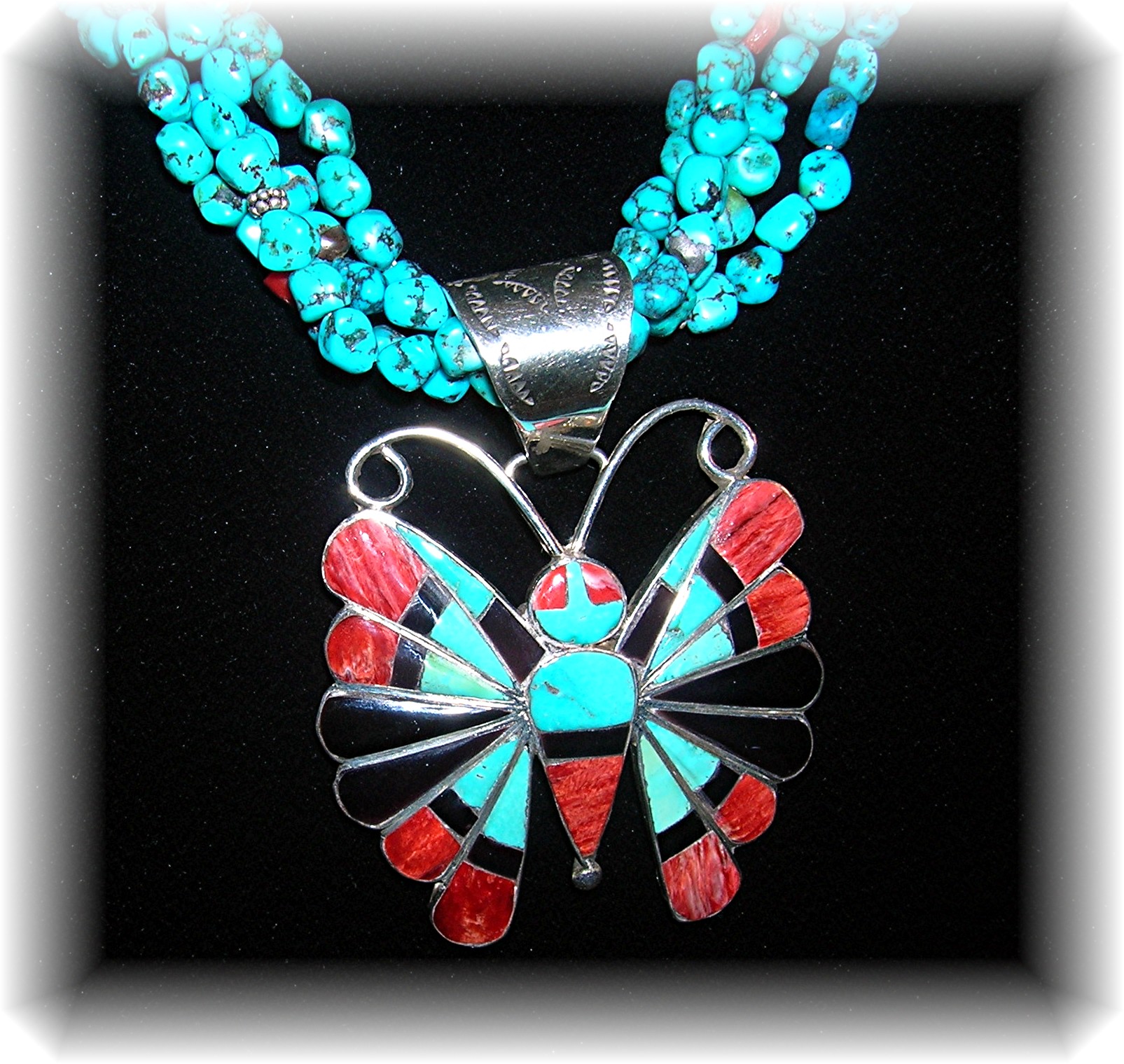 Zuni Turquoise Sterling Silver Inlay Signed Necklace