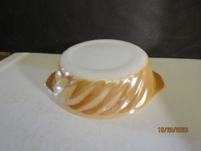 Vintage Fire-King Peach Lustre Swirl Pattern Lugged Bowl Milk Glass