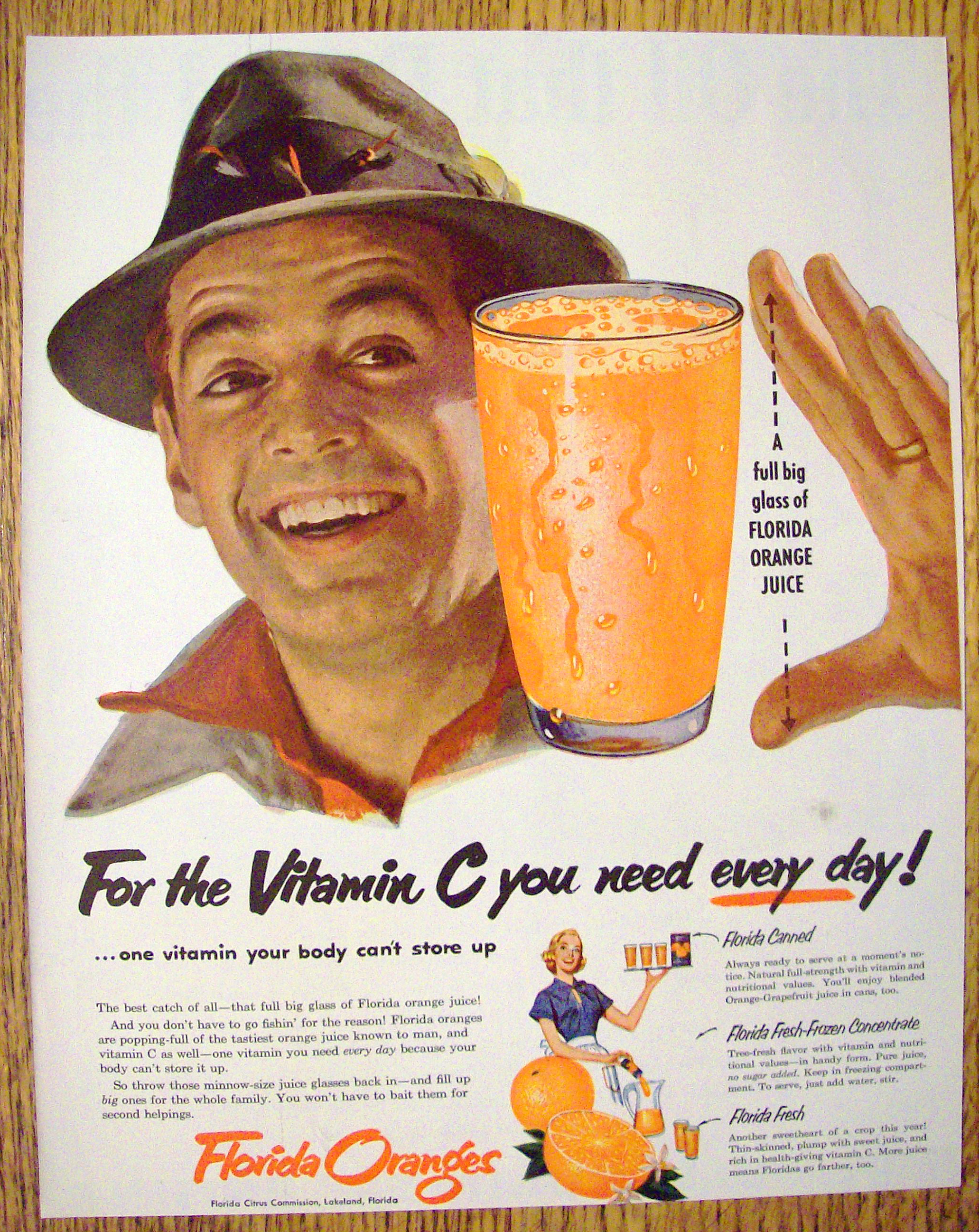 1953 Florida Oranges with Man Looking at Glass of Orange Juice