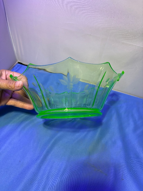 Fostoria Floral Etched Uranium Green Bowl 9" Circa 1930s