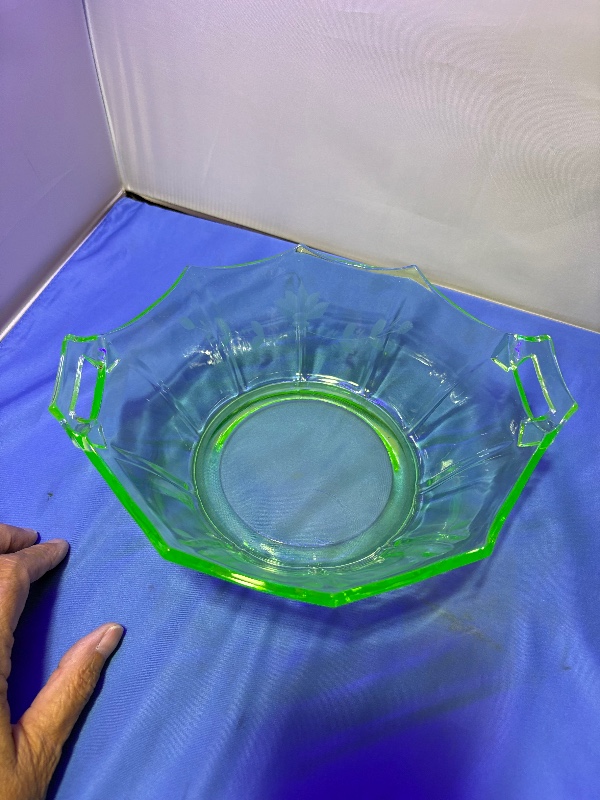 Fostoria Floral Etched Uranium Green Bowl 9" Circa 1930s