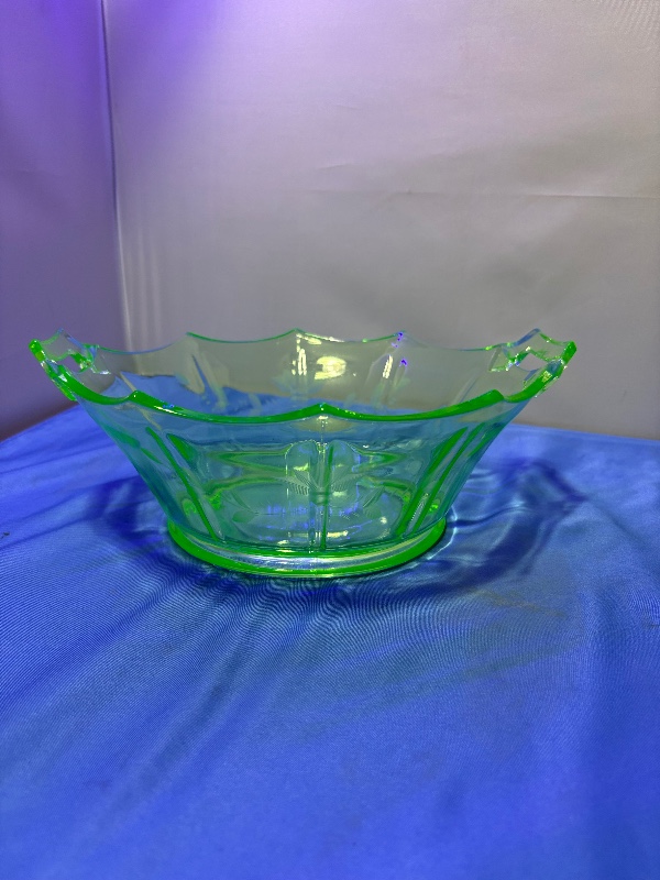 Fostoria Floral Etched Uranium Green Bowl 9" Circa 1930s