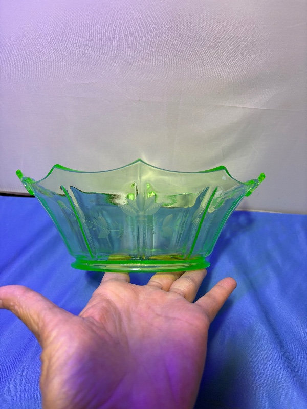 Fostoria Floral Etched Uranium Green Bowl 9" Circa 1930s
