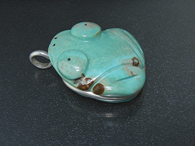 Navajo Carved Turquoise Frog Sterling Silver Pendant