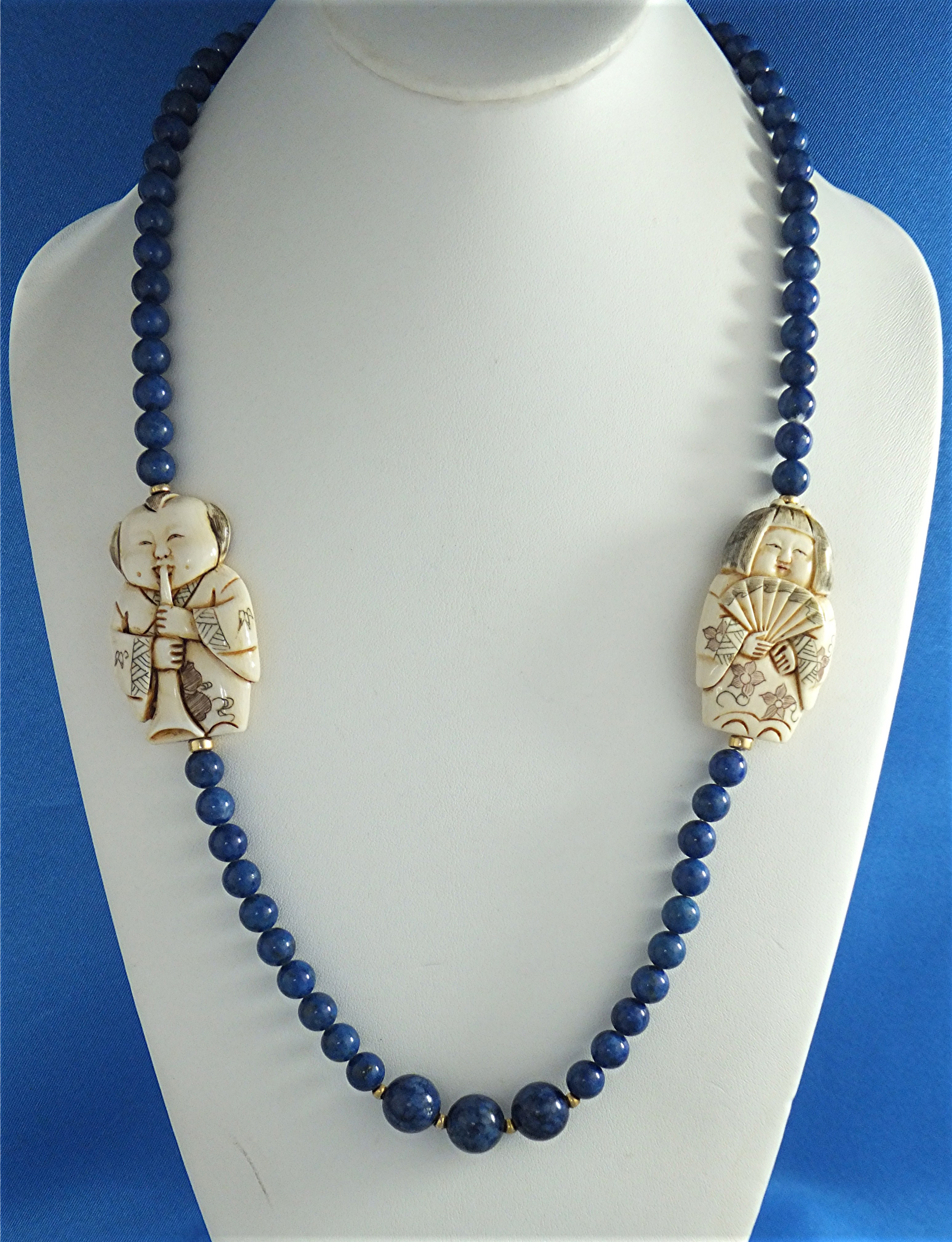 Necklace Lapis Pre Ban Ivory Figures Gold Beads