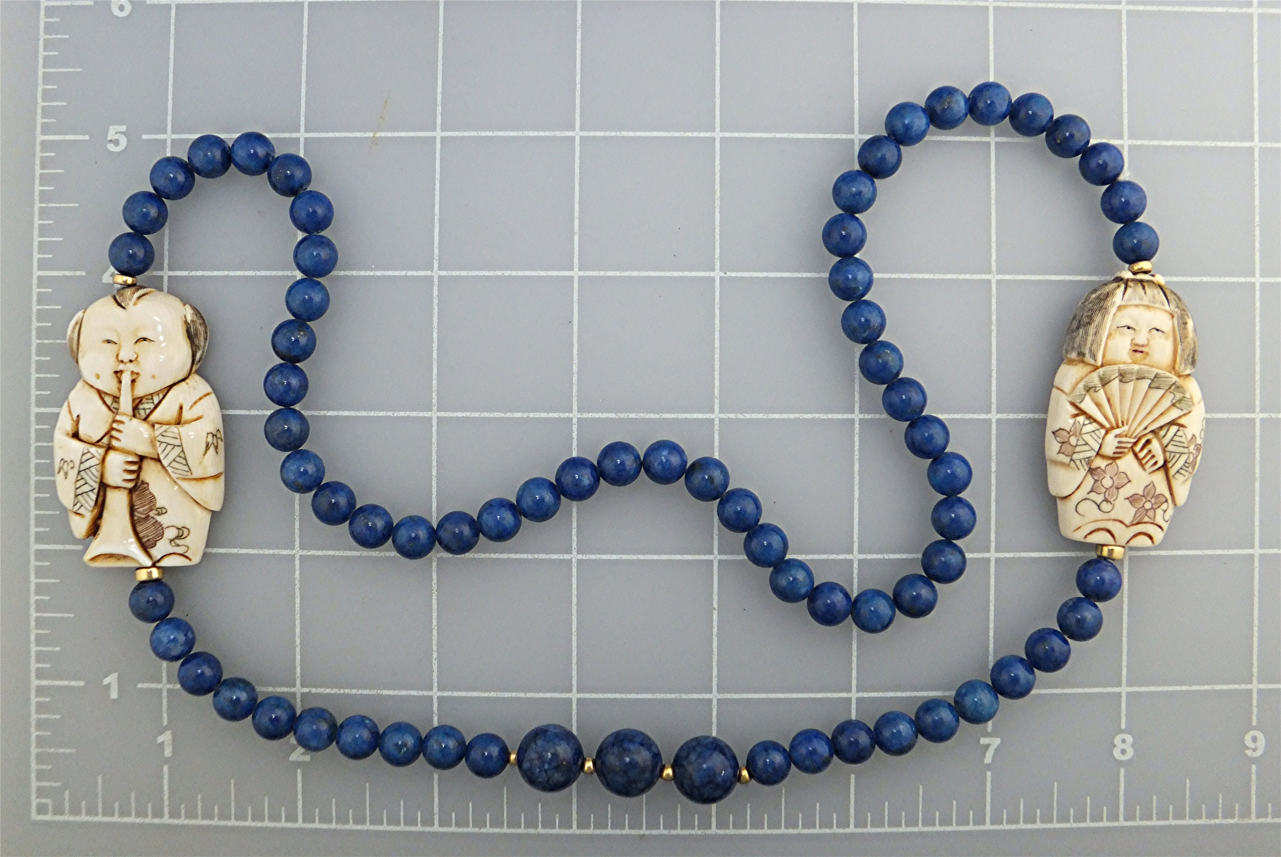 Necklace Lapis Pre Ban Ivory Figures Gold Beads