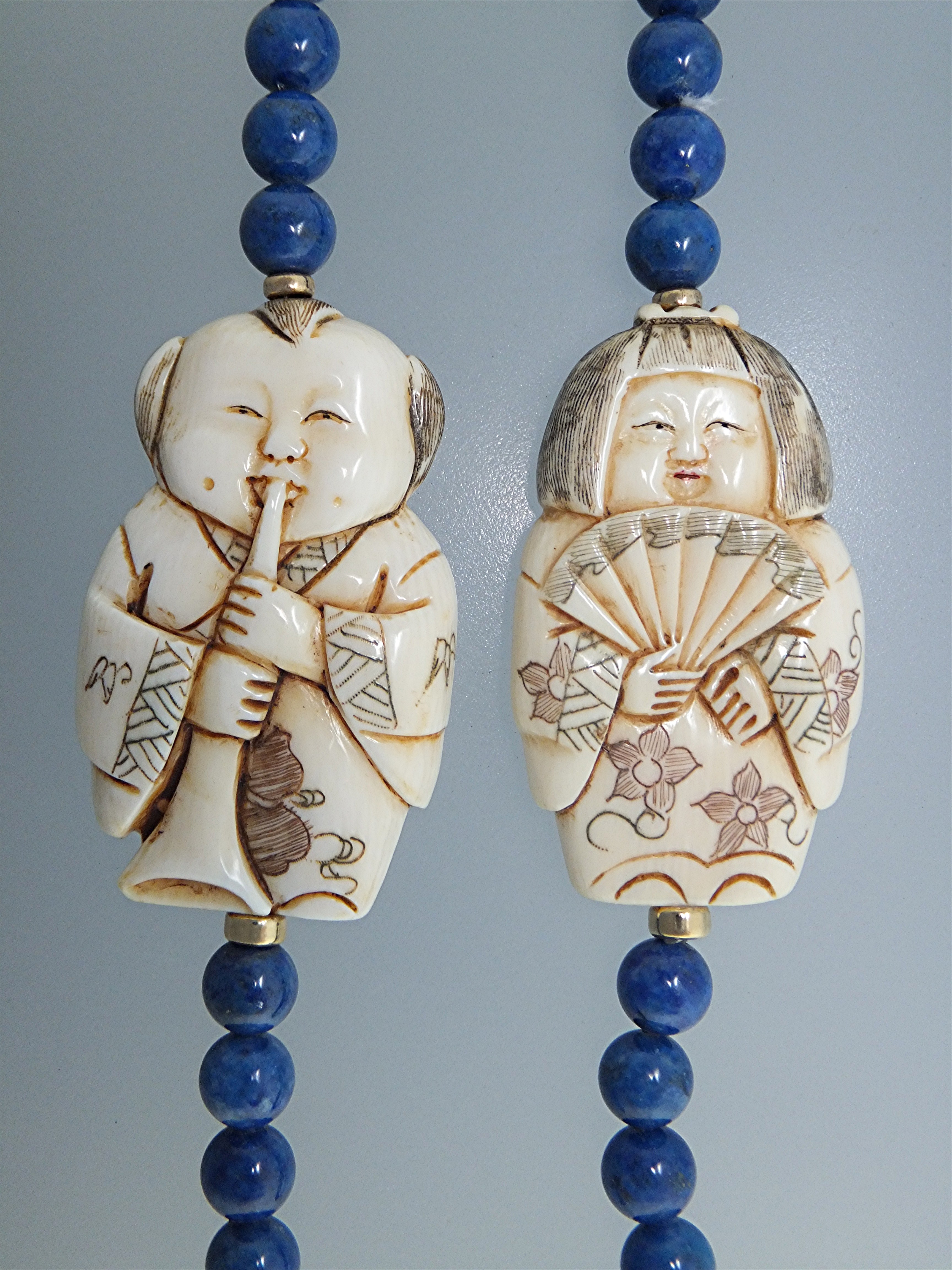 Necklace Lapis Pre Ban Ivory Figures Gold Beads