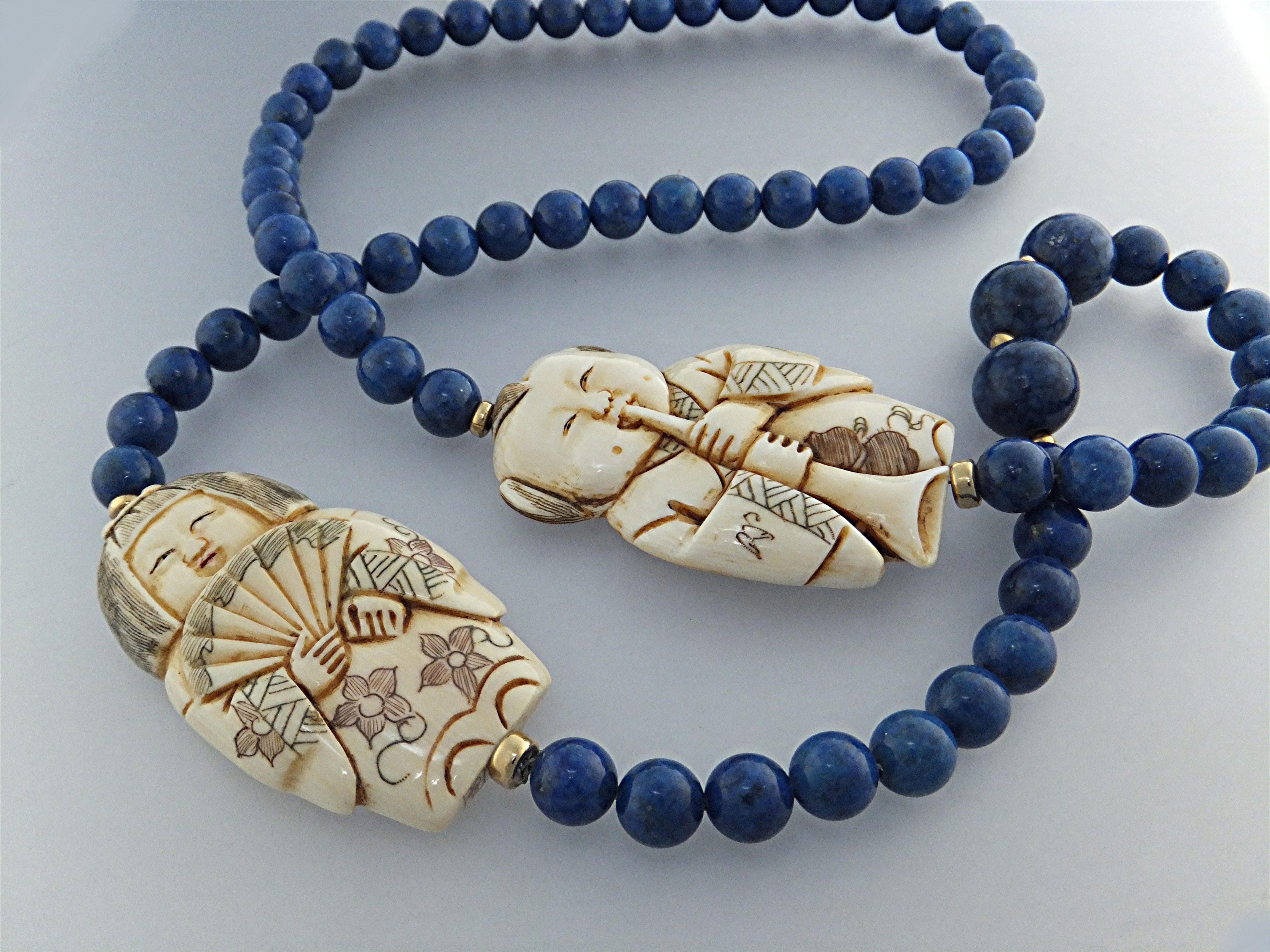 Necklace Lapis Pre Ban Ivory Figures Gold Beads