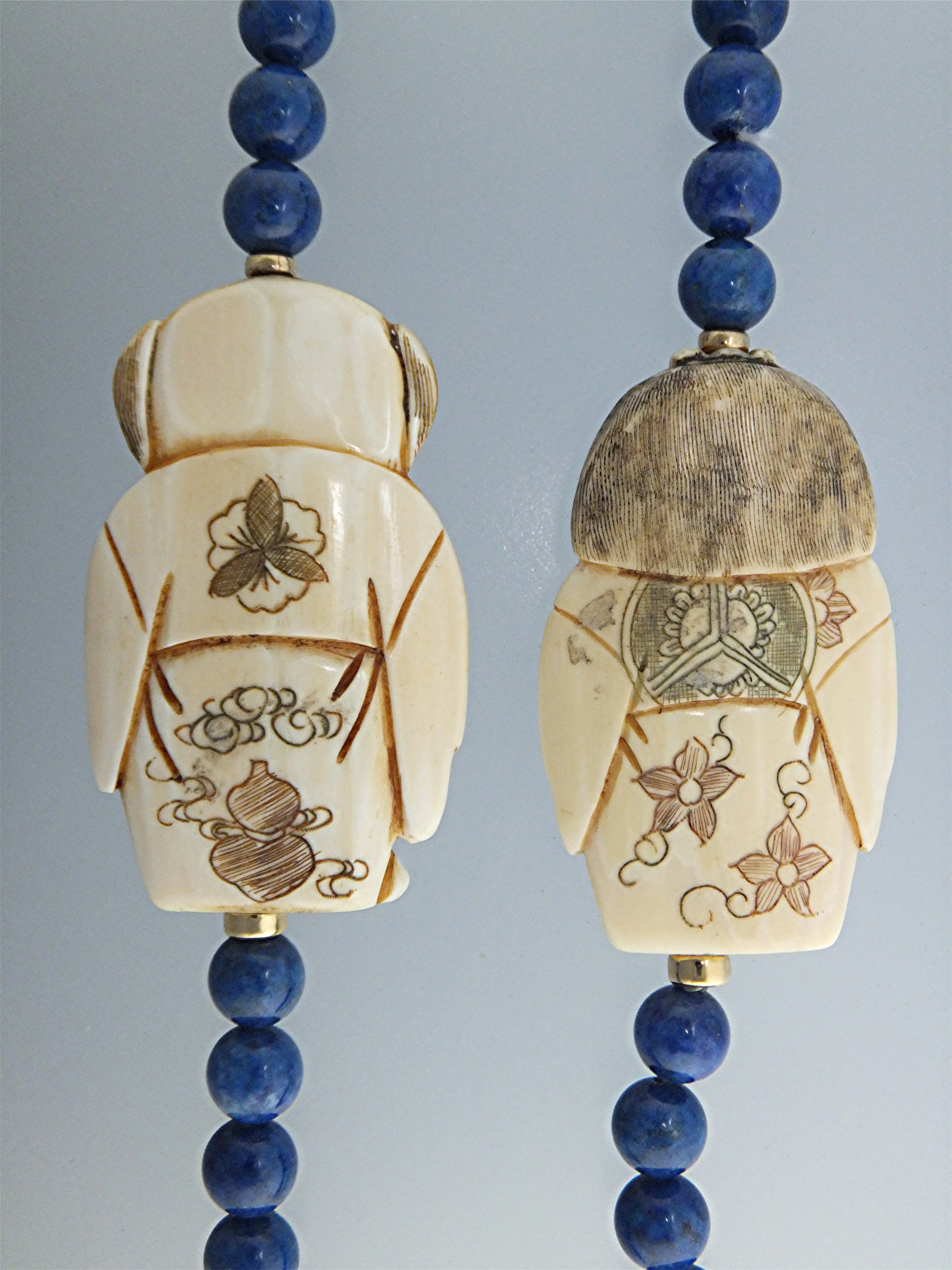 Necklace Lapis Pre Ban Ivory Figures Gold Beads
