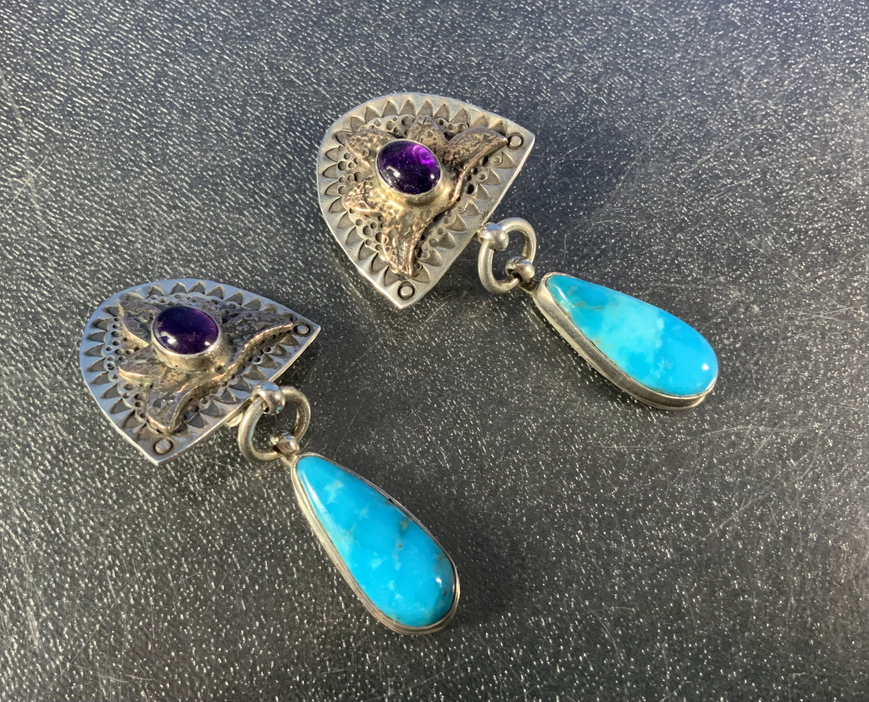 David Troutman Sterling Silver Turquoise Amethyst Clips